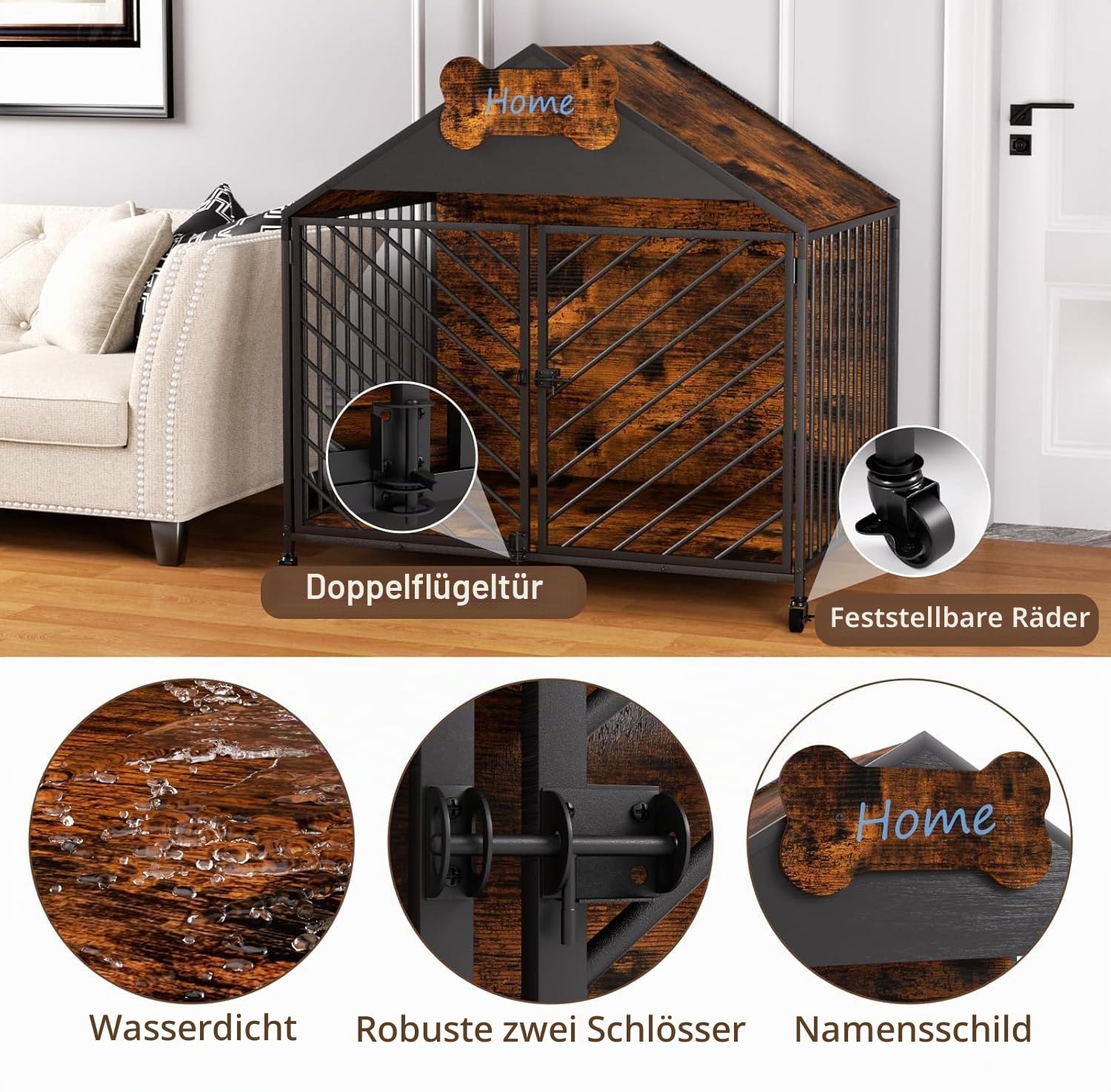 Hundekäfig Möbel, 100 cm Hundebox, Kissen, Rollen, Haustier-id | Hundeschrank für Groß Hunde, Moderne Hundebox für Zuhause, Abschließbar Tür hundekiste, 100×63×94 cm