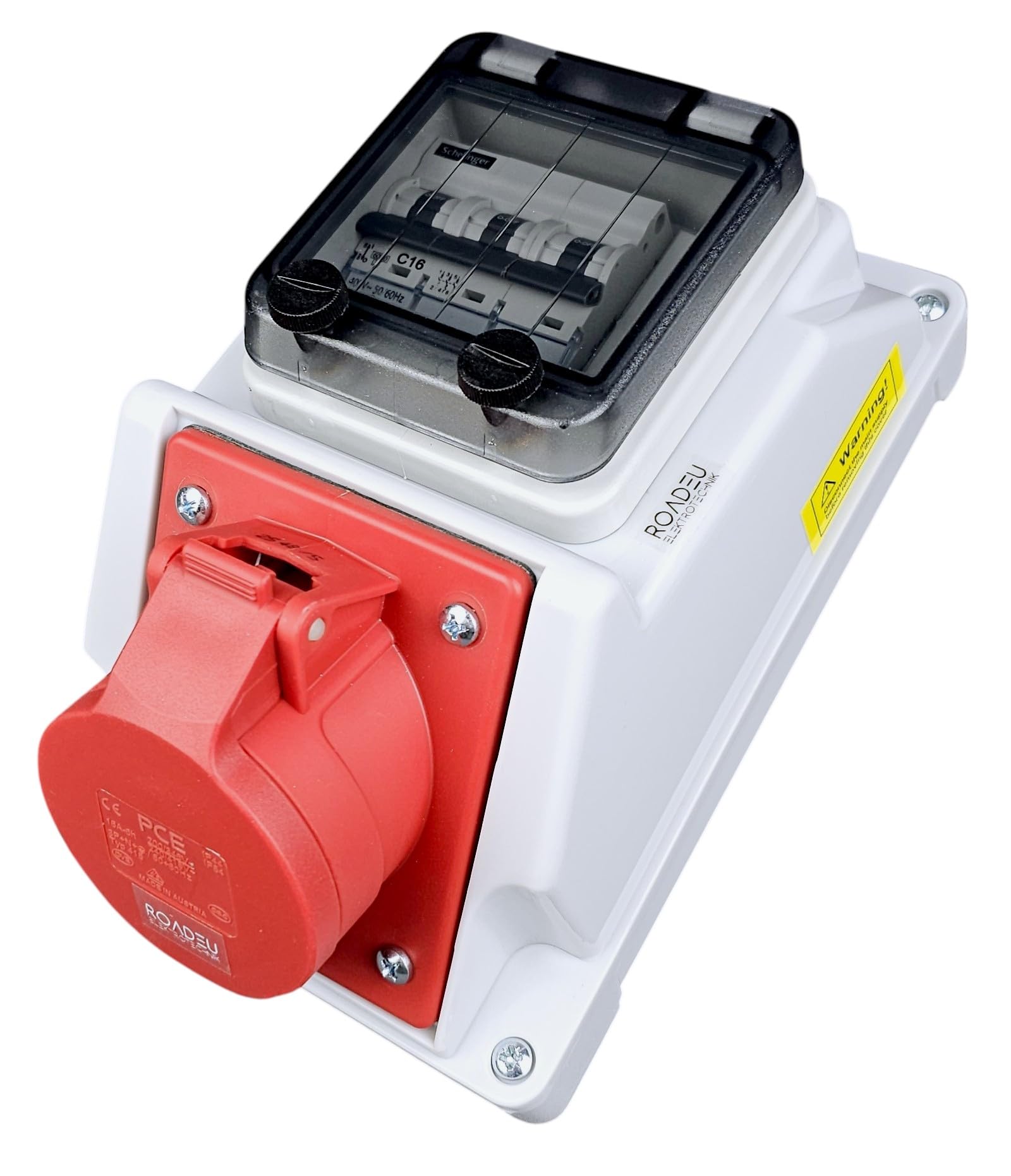RoadEu Wandverteiler IP44 mit LS-Schalter | CEE 16A 5-polig 400V Steckdose | Sicherungskasten mit Klarsichtdeckel | vorverdrahtet 2,5mm² | für Werkstatt & Garage