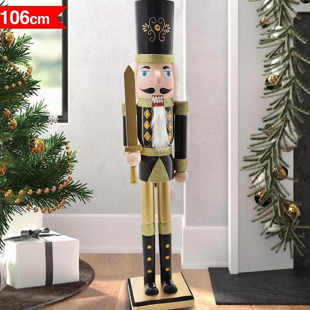 BAKAJI Soldat Casse-Noisette de Noël en Bois Géant Hauteur 106 cm Robes Peintes Barbe et Cheveux en Peluche avec Mécanisme de Travail Décorations de Noël (Design 4)
