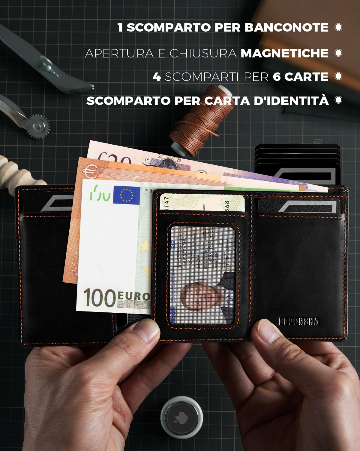 DODENSHA® MagSnap Airtag Portafoglio Uomo con protezione RFID I Portafoglio piccolo I Portafoglio intelligente piccolo per 10+ carte I Porta carte di credito I Portatessere uomo tascabile