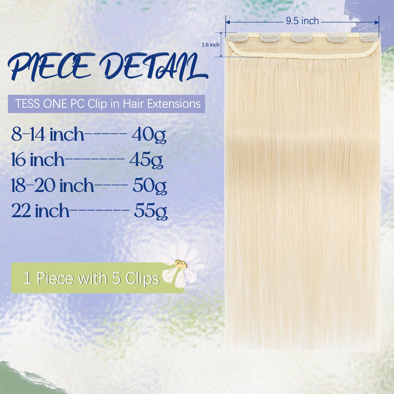 TESS Clip In Hair Extension,Hair Extensions Real Human Hair One Peice 5 Clips Straight Natural (#60 Platinum Blonde,16Inch) - Image 3