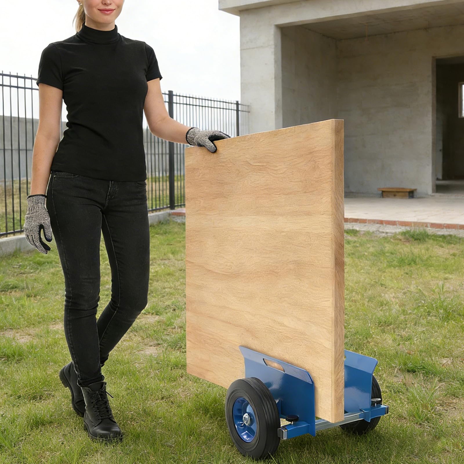 Plattenwagen Transportwagen mit 25,4cm Rädern, bis 490Kg, Plattenwagen Klemmwagen, aus Eisen, mit Einstellbarem Abstand Zwischen den Seitenwänden und Rutschfesten Polstern (Blau)