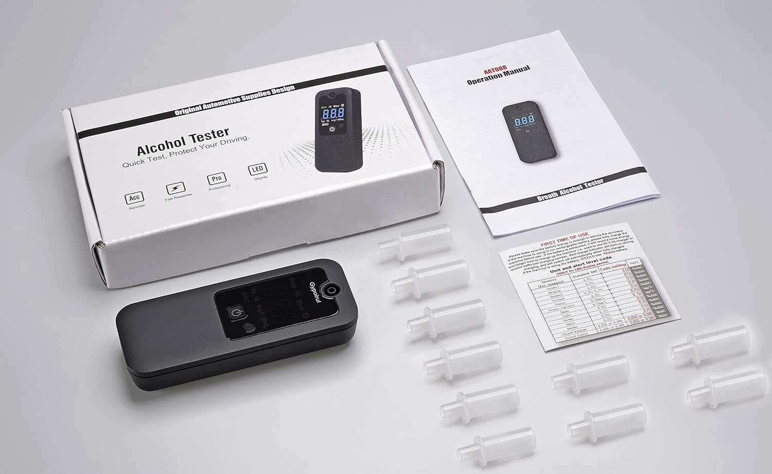 Breathalyzer, Professional Sensor Breath Alcohol Tester High-Accuracy Rechargeable Digital Breathalyzer Personal & Professional Use with 10 Mouthpieces