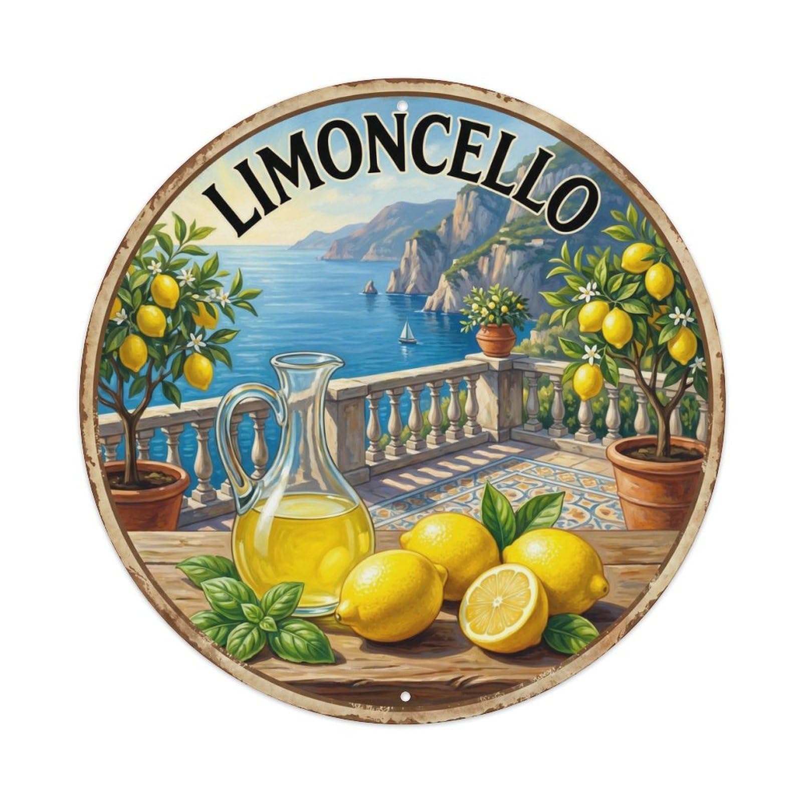 Fqcyn Style Pure Limoncello Essence Metal Tin Sign Plaque Wall Decor For Cafe, Club Bar, Office, Home Garden Round Metal Poster 8X8inch