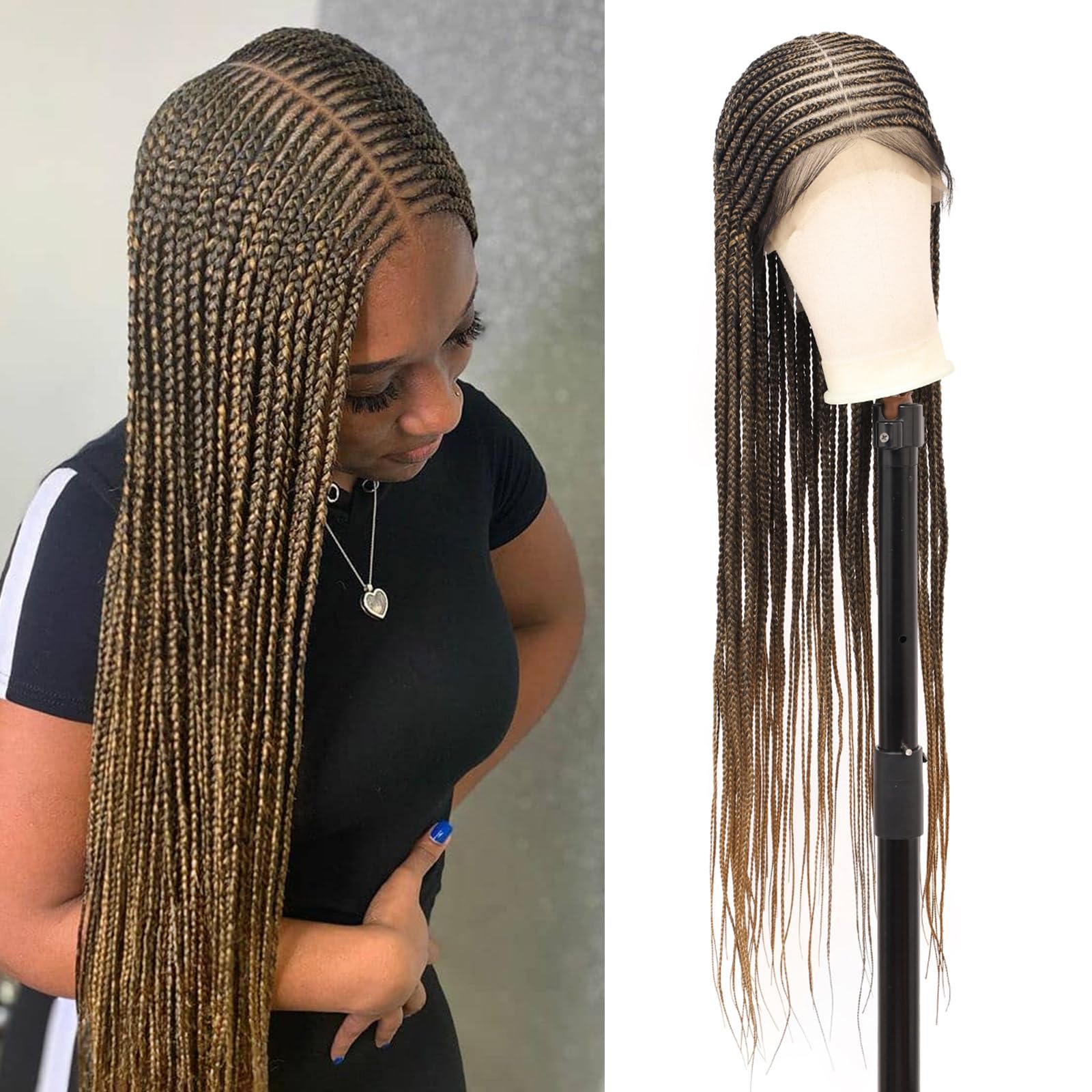 Brinbea 36" Braided Wigs 13x8" HD Lace Front Cornrow Braided Wig with Baby Hair Light Brown Natural Middle Parted Box Braid Wig for Women