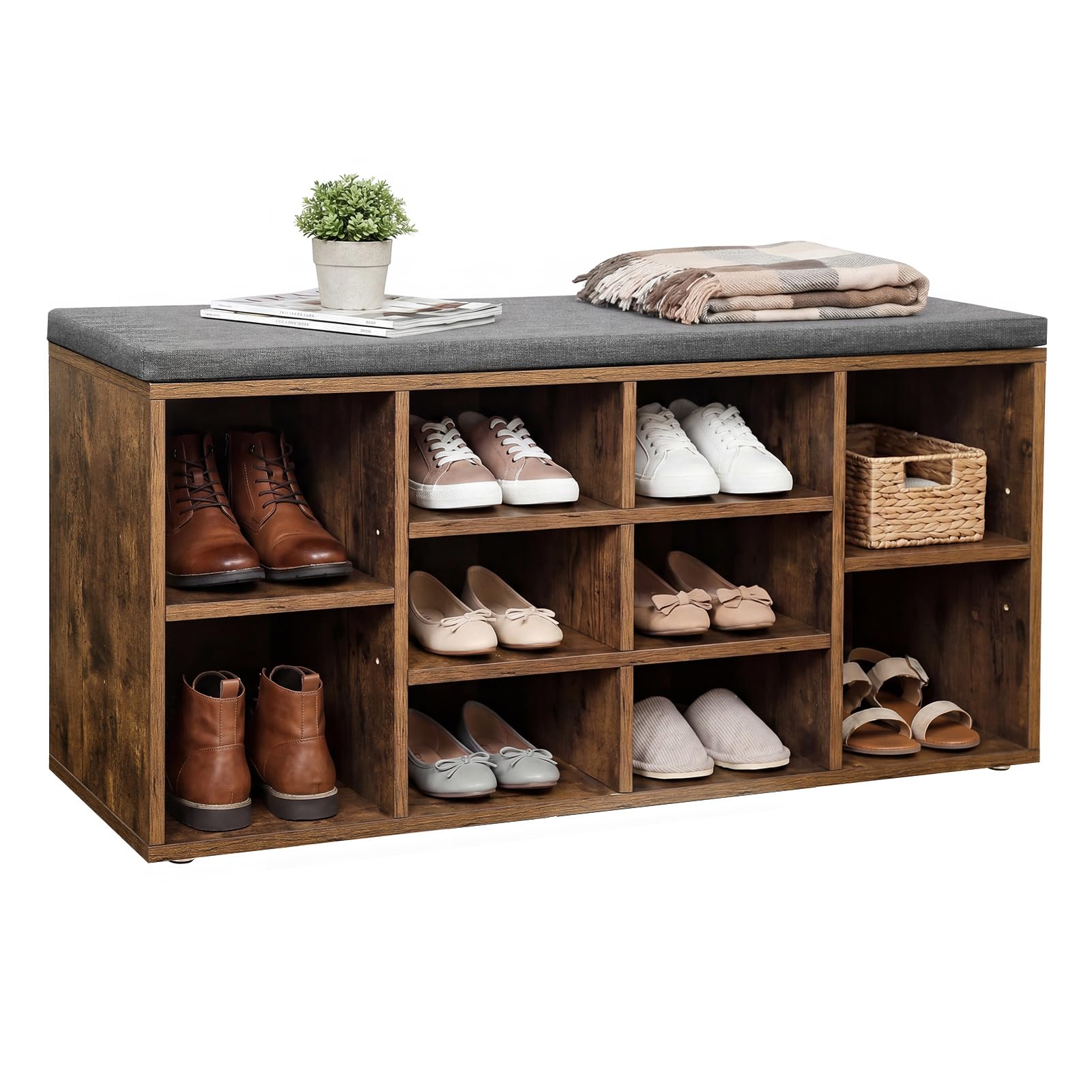 VASAGLE Shoe Bench, Shoe Shelf, Storage Cabinet, 10 Compartments, with Cushion, for Entryway, 104 x 30 x 48 cm, Rustic Brown + Grey LHS10XB