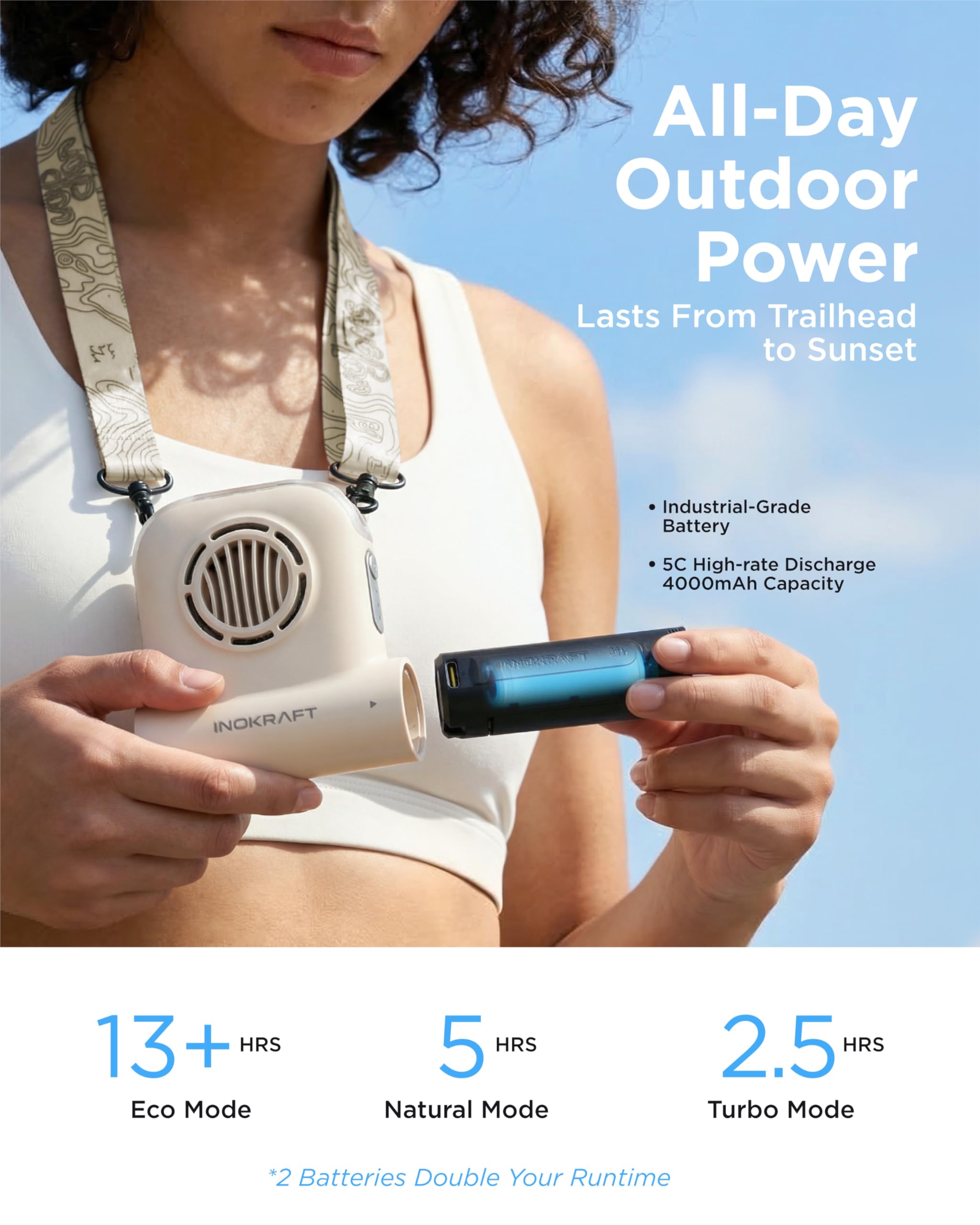 InoKraft Freihändiger Clip-Ventilator, tragbarer Ventilator mit 4Ah Wechselakku, 49 ft/s Turbo Fan, Trail Clip-On Ventilator für Taille & Rucksack, Camping Ventilator für Wandern & Outdoor, Weiß
