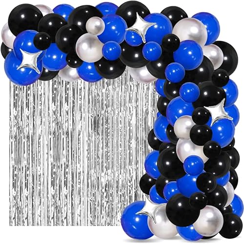 Kit de arco de guirnalda de globos azul y negro, plateado, 124 globos azules y negros, globos plateados metálicos negros con cortina de flecos para