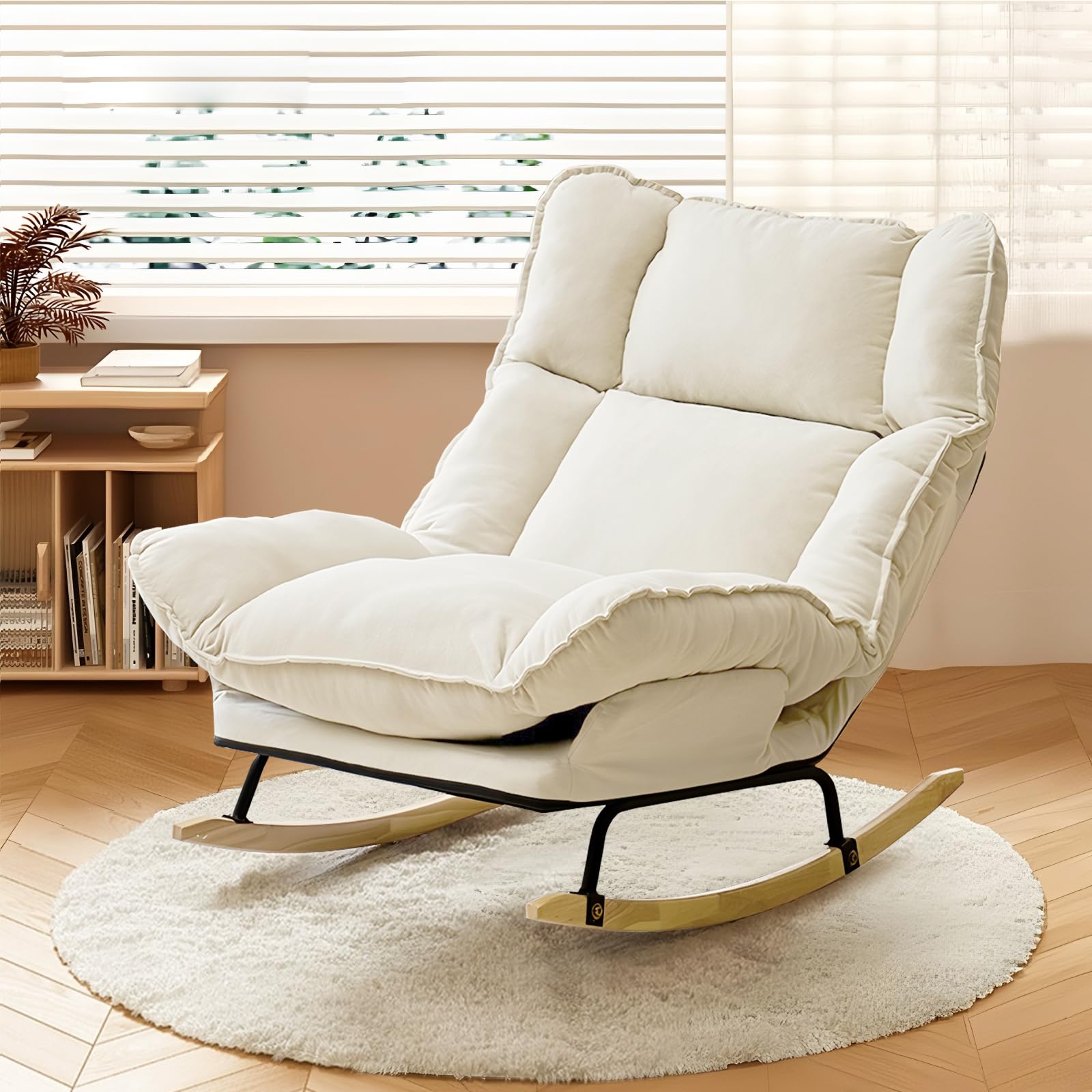 HDHNBA Rocking Chair with Adjustable Backrest, Extra-Wide Upholstered Gliding Chair Comfy Reclining Chair, Modern Accent Chair for Living Room Nursery Bedroom (Beige)