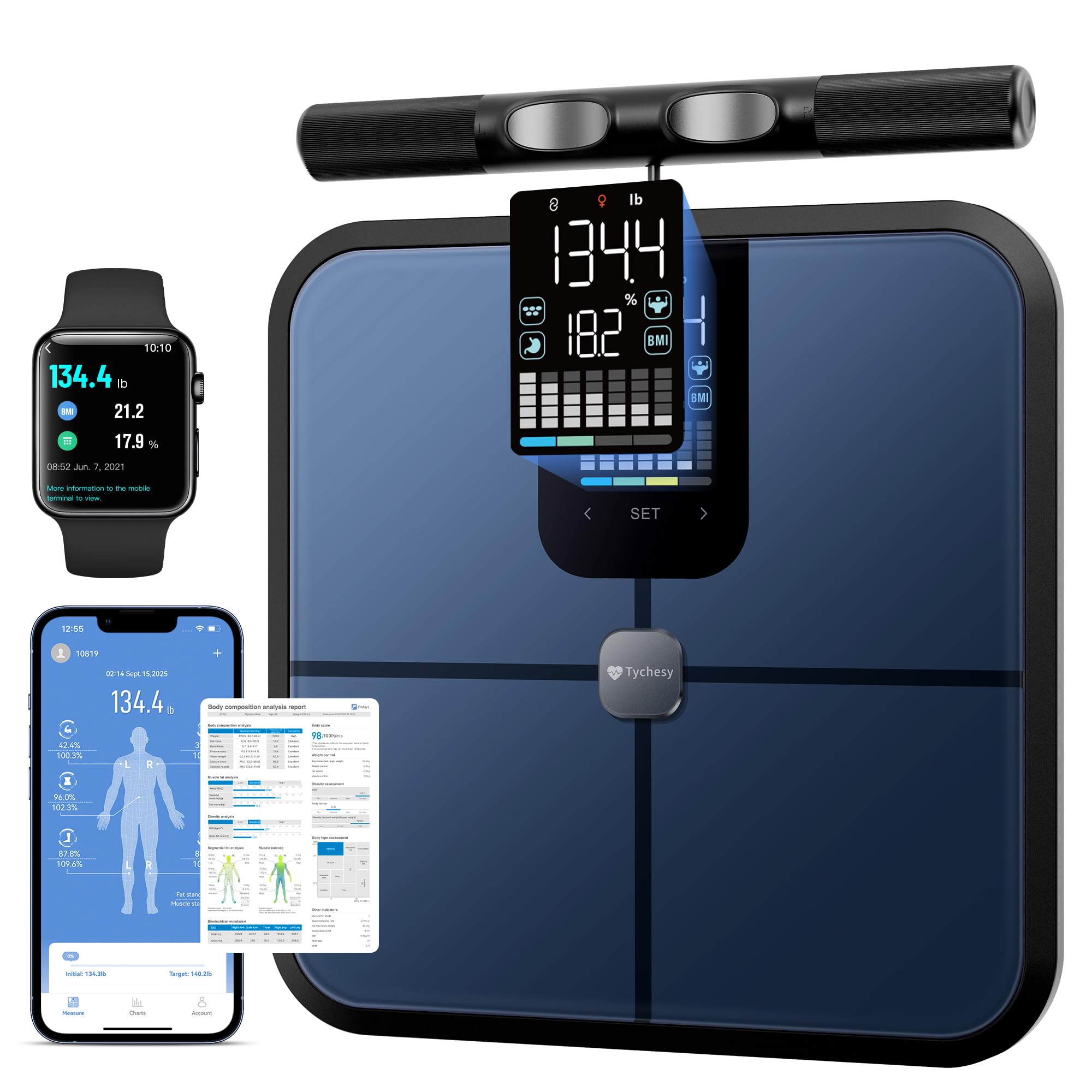 Smart Pod Scale for Full Body Composition 8-Sensor Smart Analyzer Measures Fat Muscle Mass BMI Digital Bathroom Scale
