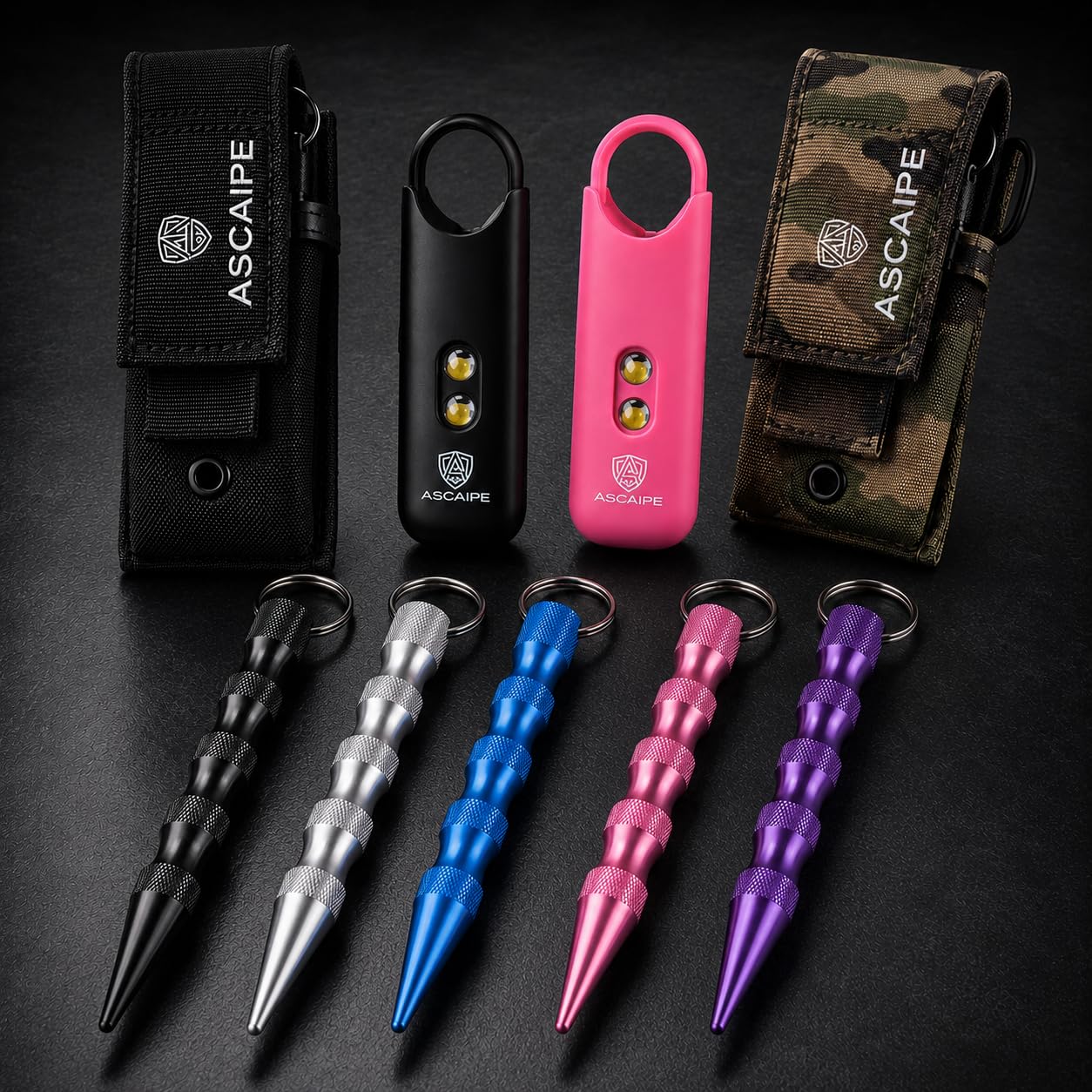 Alarma de bolsillo de 130 dB con luz estroboscópica LED, paquete familiar, 2 negros, 2 rosas | Para toda la familia: 2 negros, 2 rosas, 130 dB cada alarma, 2 altavoces, luz estroboscópica LED, recargable y a mano