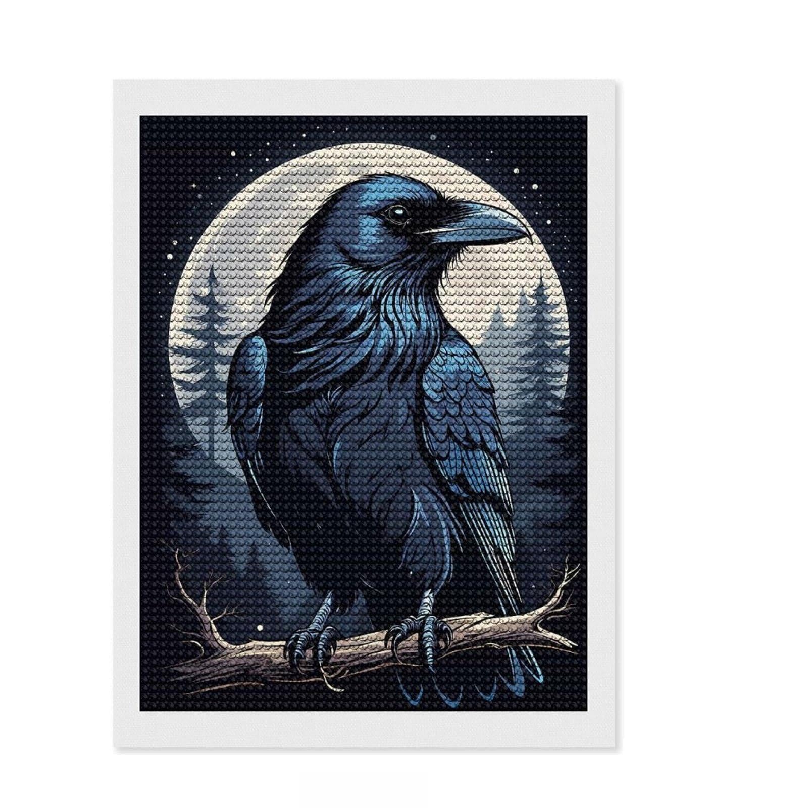 Junmoney Moonlit Raven Diamond Painting Set 12"x16", Christmas Gift, Adhesive Canvas, Vintage Style Decor, Canvas Picture, Round Gems