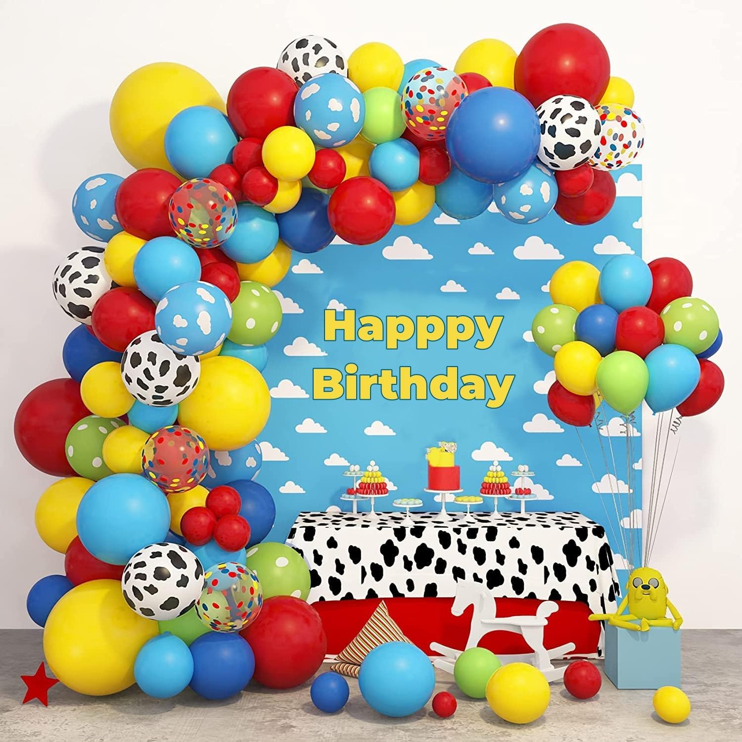 Amandir 152Pcs Toy Inspired Story Balloons Arch Garland Kit, Cow Pattern Cloud Yellow Red Blue Green Confetti Latex Balloons for Kids Toy Inspired Story Theme Birthday Party Supplies Decorations