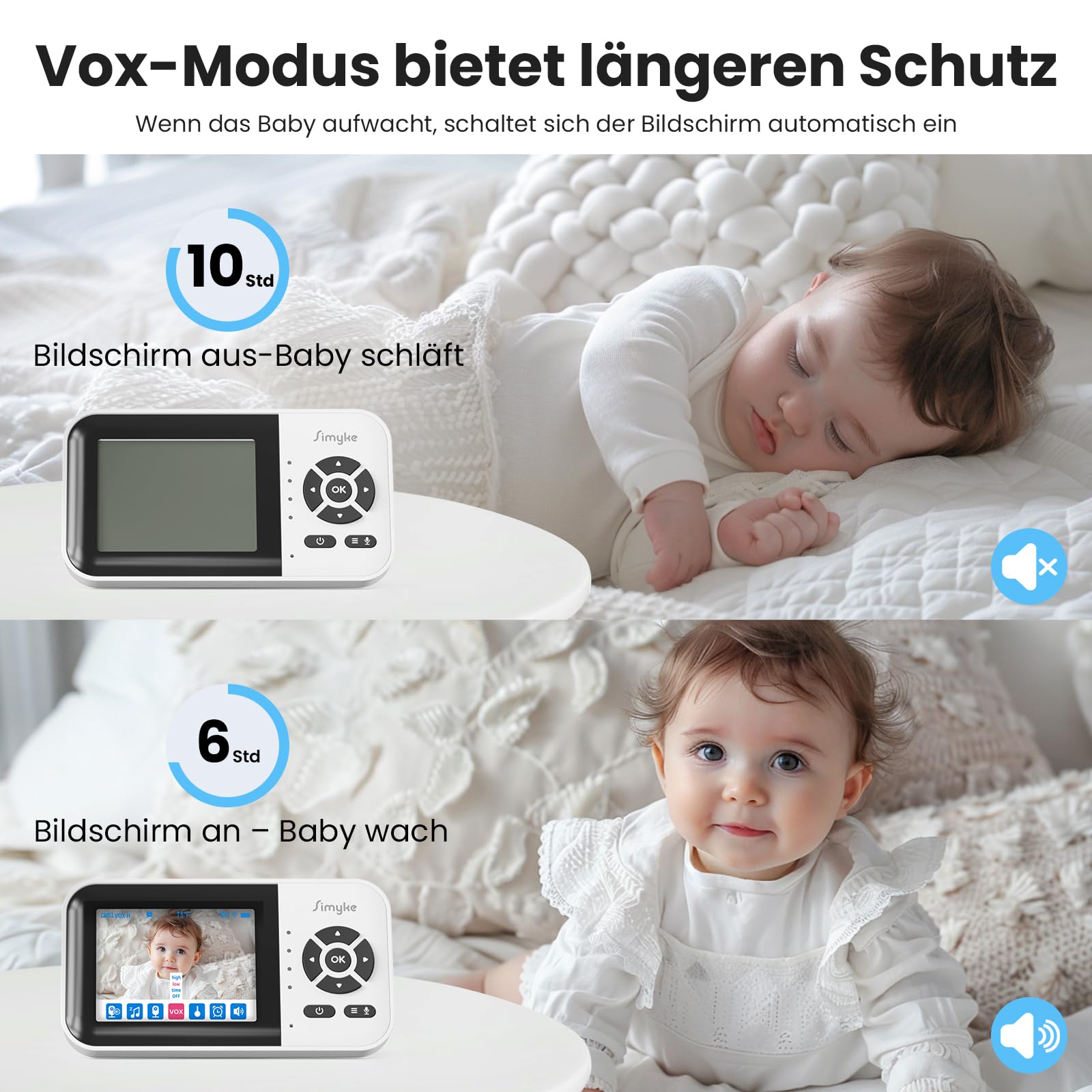 Simyke Smart BabyMonitor 1080p with 2 Camera, WLAN On/Off Schalter, WiFi Remote Access, 1500ft Long Range, 2-Way Talk, Sound Alert, Temperatursensor, Lullabies Fütterung