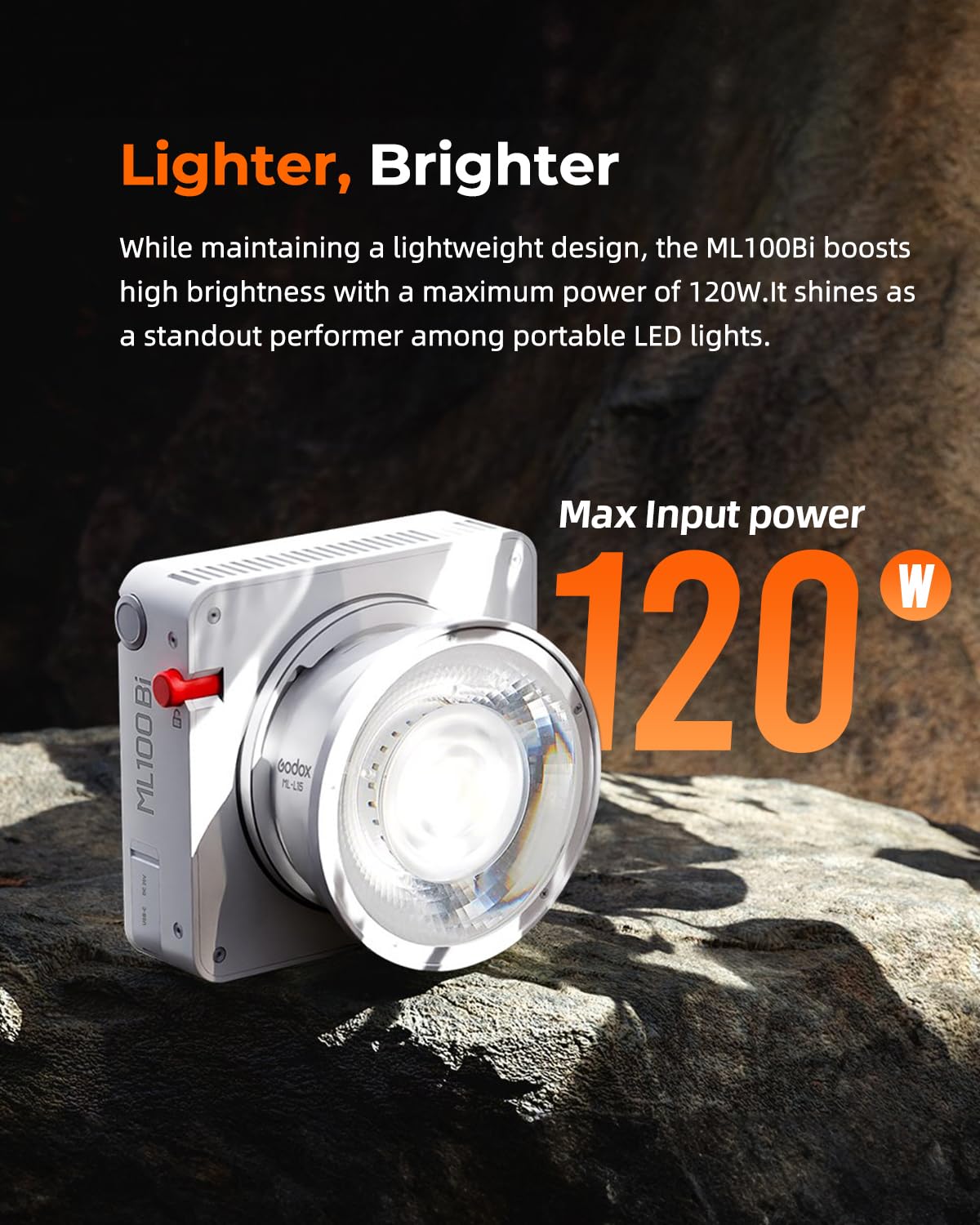 Godox ML100Bi 120 W LED światło wideo z Godox Square Softbox ML-SF50, AK-B02 ręczny adapter do baterii, 2800 K-6500 K, dwukolorowe oświetlenie wideo, sterowanie aplikacją, obsługa ładowania USB-C