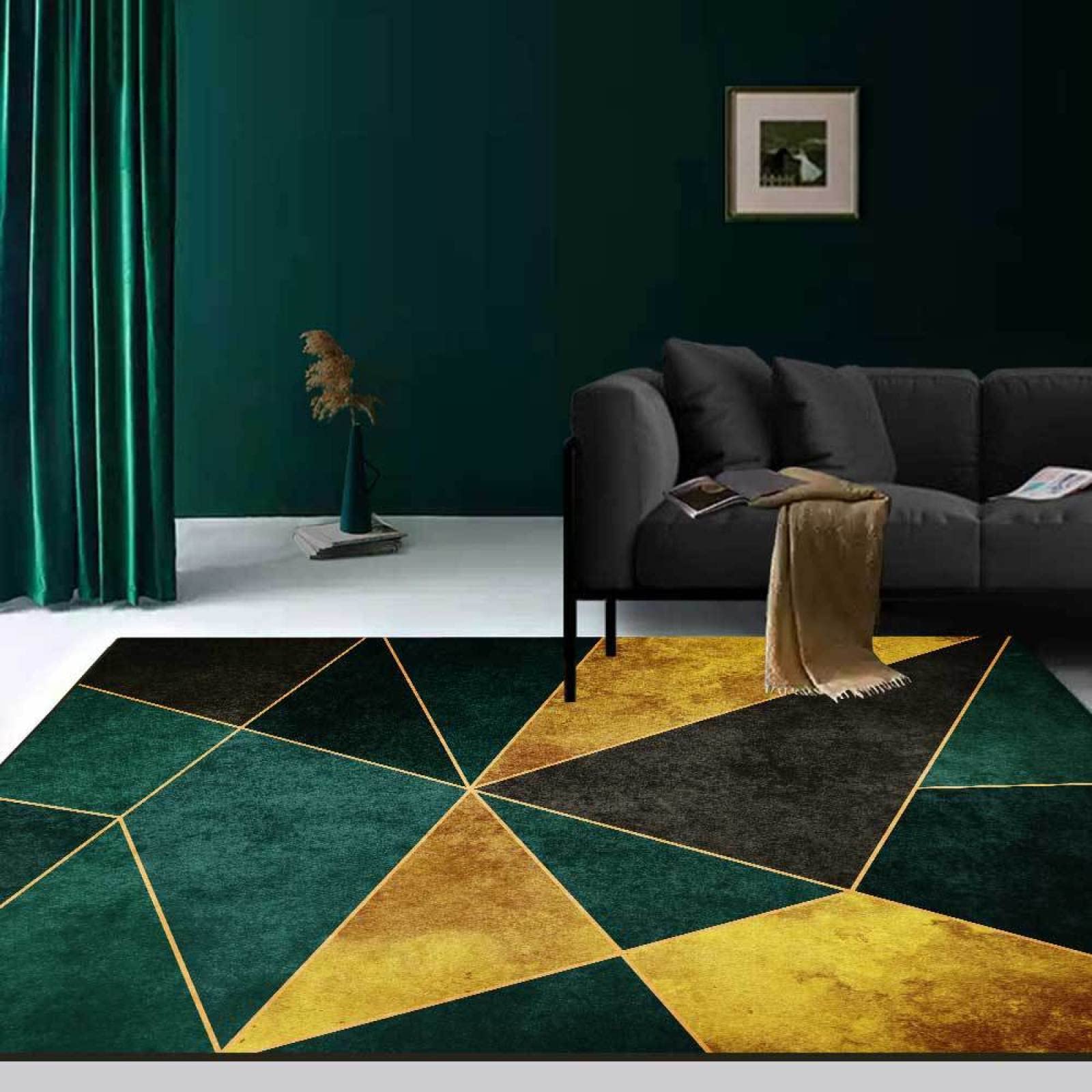 Tapis motif géométrique mosaïque doré et vert foncé de bureau chic