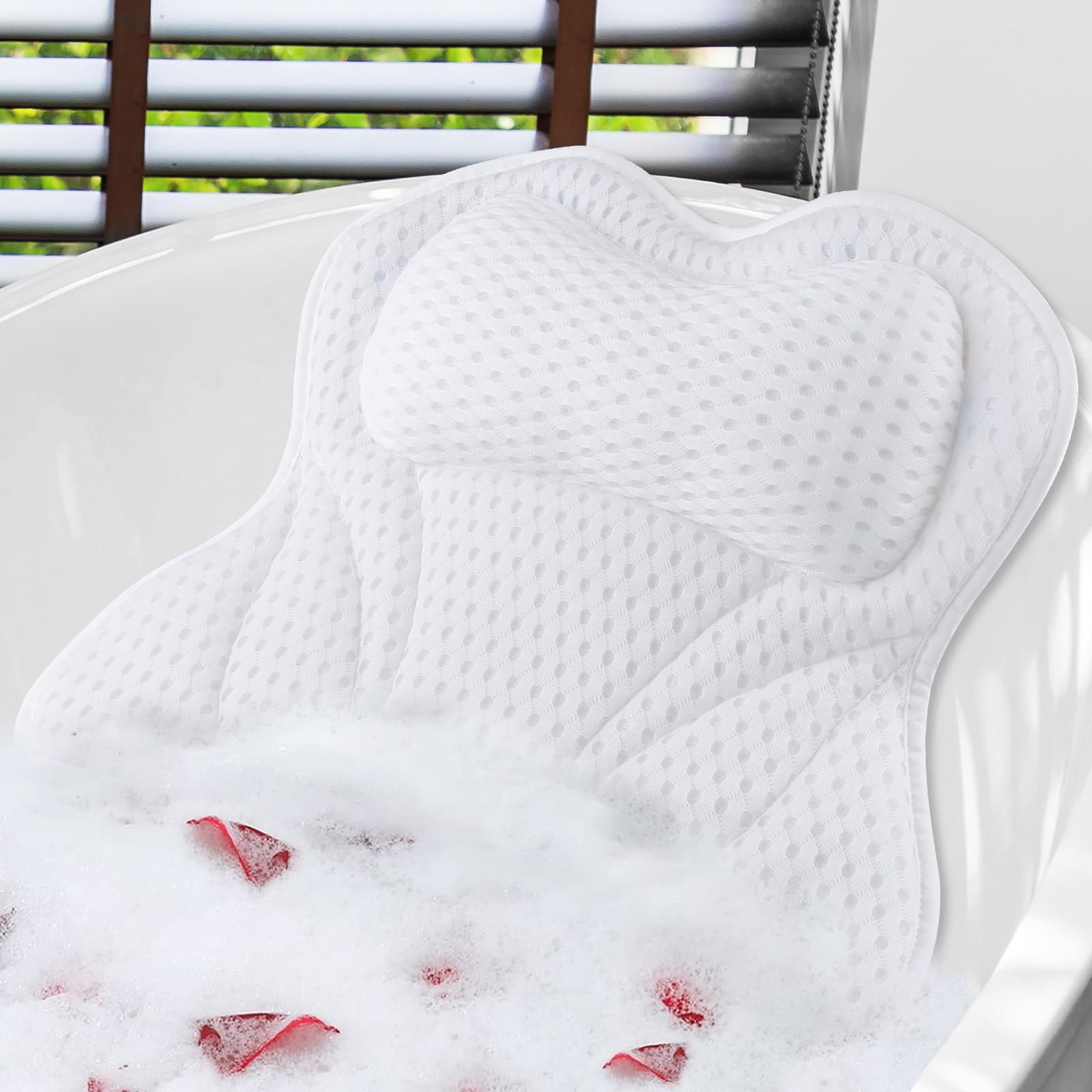 Bath Cushion, Shodiffy Bath Cushion 4D Mesh Headrest with 6 Non-Slip Suction Cups Can Support Head, Neck, Back, for Bathtub, Home Spa