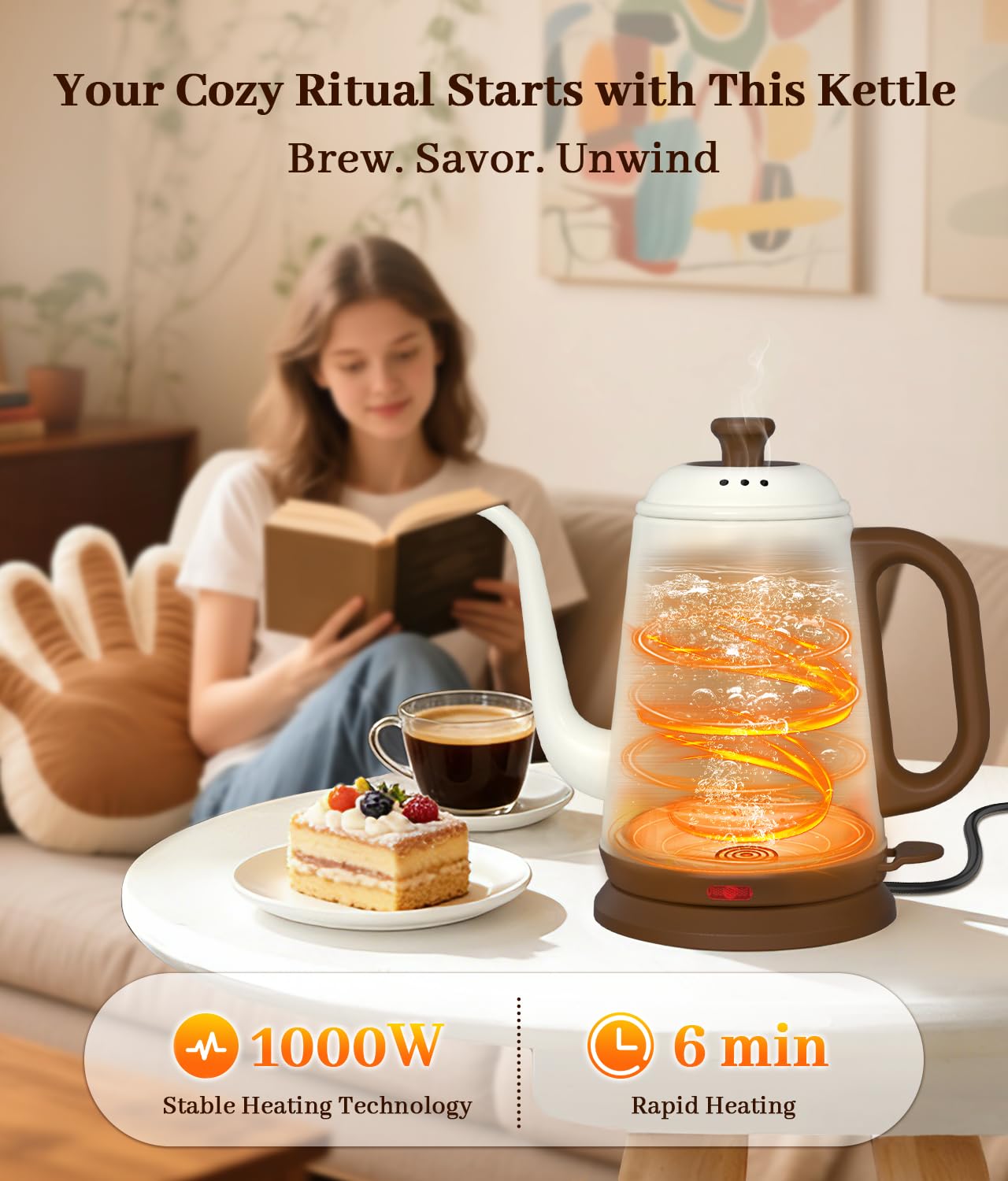 YTLAD Gooseneck Electric Kettle 1L, 1000W Fast Boiling for Pour-Over Coffee & Tea, 304 Stainless Steel BPA-Free, Precise Flow Spout, Auto Shut-Off & Boil-Dry Protection, Retro Style (White) - 2