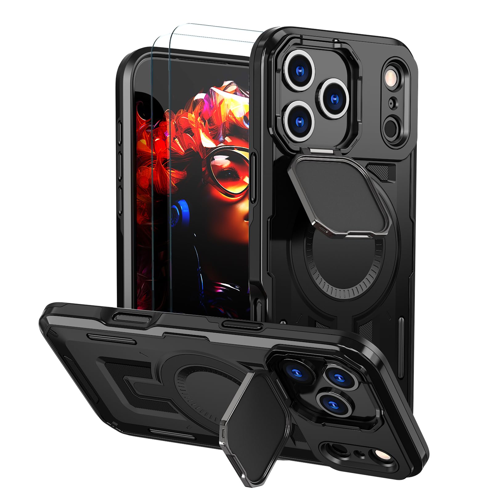 【強化フィルム2枚付き】HCXLYP iPhone 17 Pro ケース MagSafe対応 カメラコントロール 隠れスタンド レンズ保護 いphone17pro ケース ワイヤレス充電対応 スマホケース アイホン17pro 携帯ケース 耐衝撃 傷防止 全面保護 米軍MIL規格 ブラック