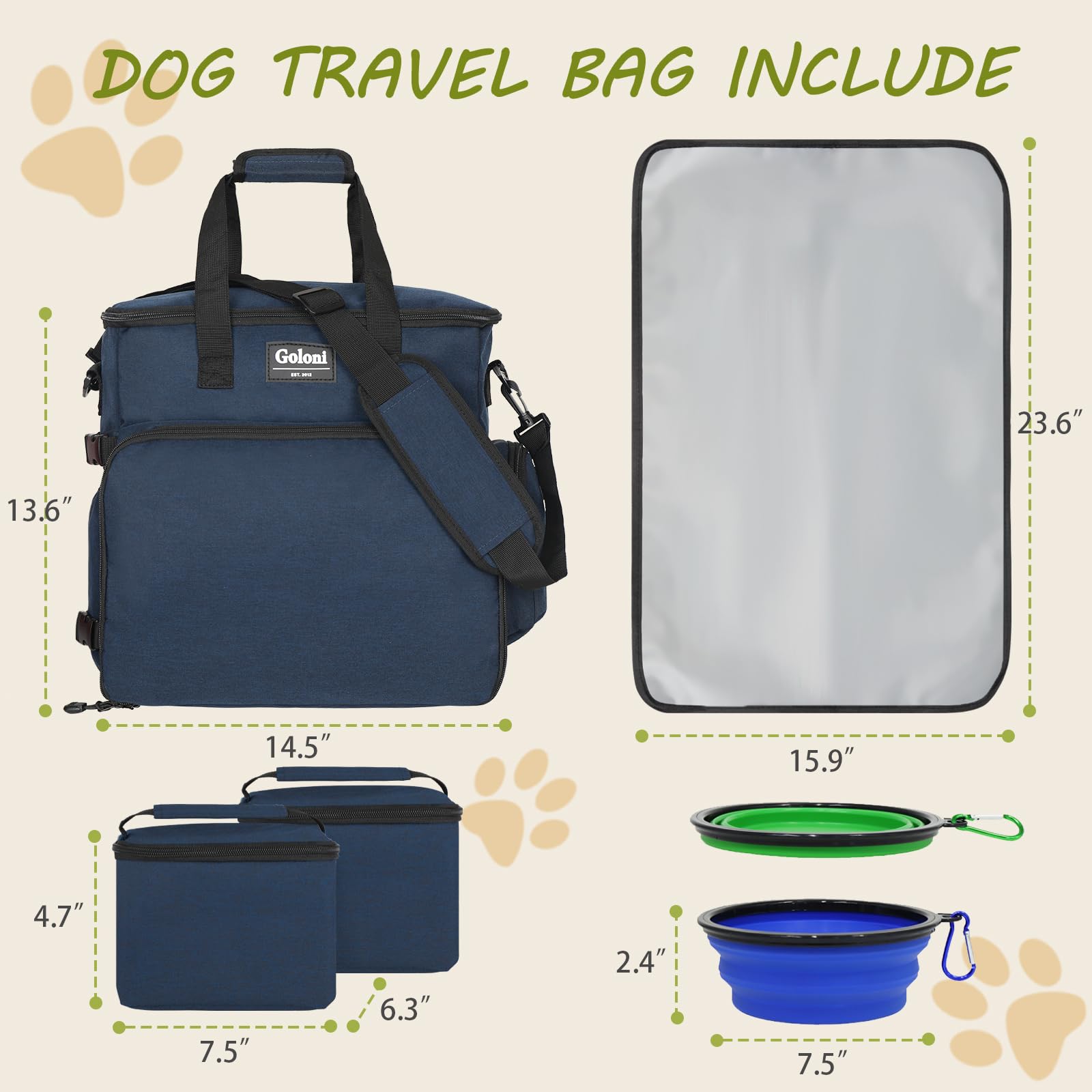 Goloni Hunde-Reisetasche, 6er-Set, von Fluggesellschaften zugelassen, Wochenend-Hundetaschen für Reisen, mit mehreren Taschen, Geschenk für Hundebesitzer, Blau