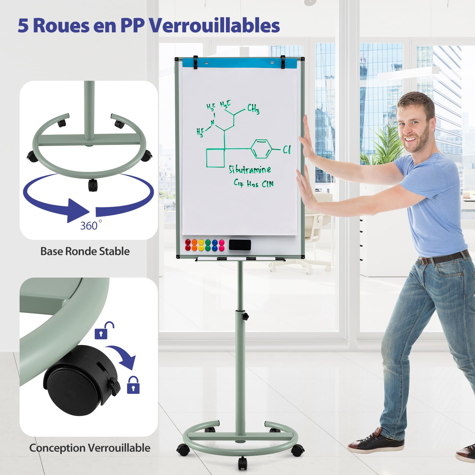 COSTWAY Tableau Blanc Effacable sur Pied, 100 x 65 cm, Tableau Blanc sur Pieds Hauteur Réglable 132-192 cm, Support Sur Roulettes, Cadre en Alu, Paper Board, pour École, Bureau (100x65cm,Vert)