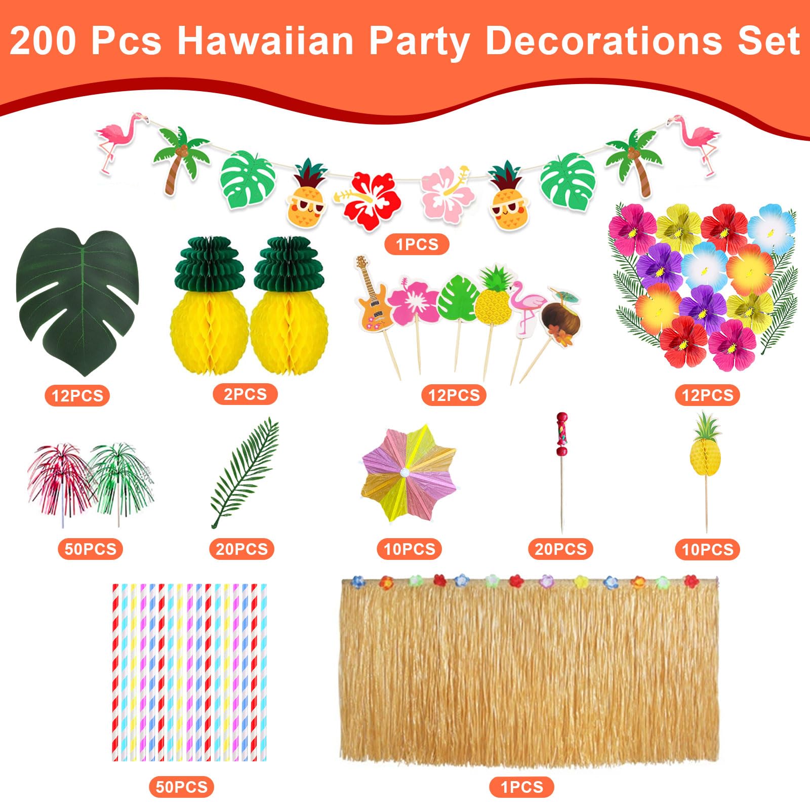 HavaCue 200 Pcs Hawaiian Party Decorations Set, Luau Grass Table Skirt, Fireworks Toothpicks, Paper Straws, Hawaiian Flowers - Image 3