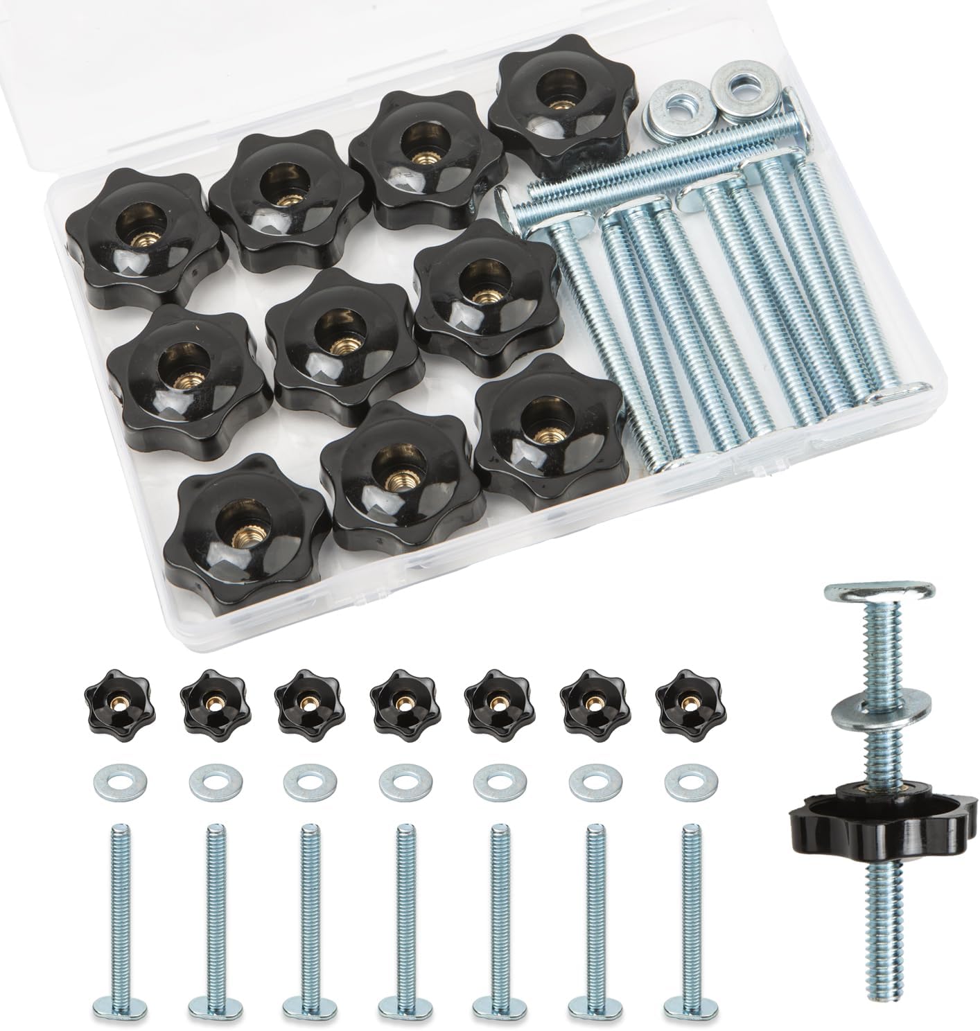 10 Sets 2-1/2 Inch T-Track Knob Kit, 1/4"-20 T Bolts with Star Knobs & Washers – Extra Long T Slot Bolts for Woodworking Fixtures, Router Tables, and Table Saw Clamps