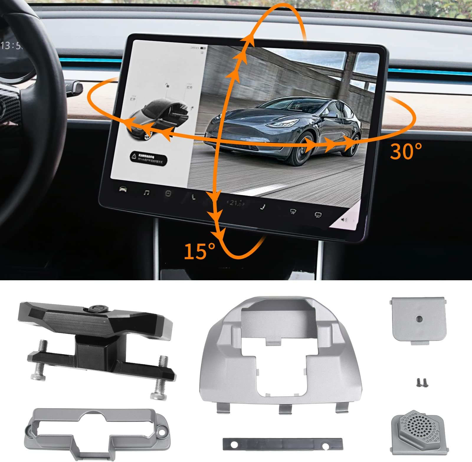 Screen Swivel Mount Compatible with Tesla Model 3 2017-2023 & Model Y 2020-2024 Center Console Navigation Original Silver Screen Rotating Holder Model Y 2025 Accessories (Four Directions)