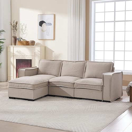 Modern Sectional Sofa for Living Room, Upholstered 3-Seater Modular Couches Linen Fabric L-Shaped Sofa with Ottoman for Home Furniture, Oatmeal