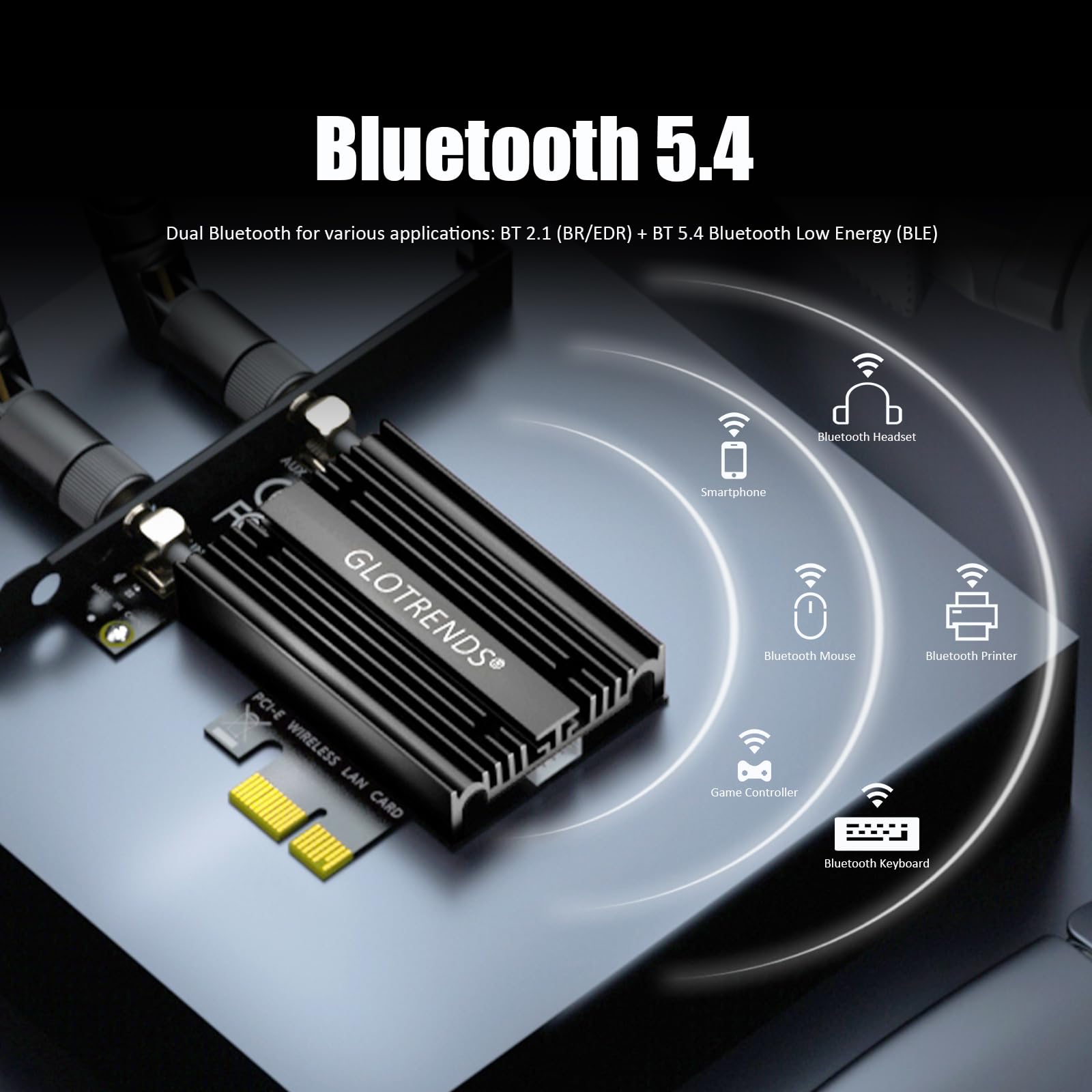 GLOTRENDS BE6500 Tarjeta WiFi PCIe WiFi 7 para PC de Escritorio AMD/Intel, con Controlador MT7925B, Bluetooth 5.4, Compatible con Windows 11/Linux/macOS