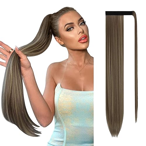 Sofeiyan Extensión de cola de caballo larga y recta de 30 pulgadas, extensiones de cabello sintético con clip para mujer, color marrón dorado y