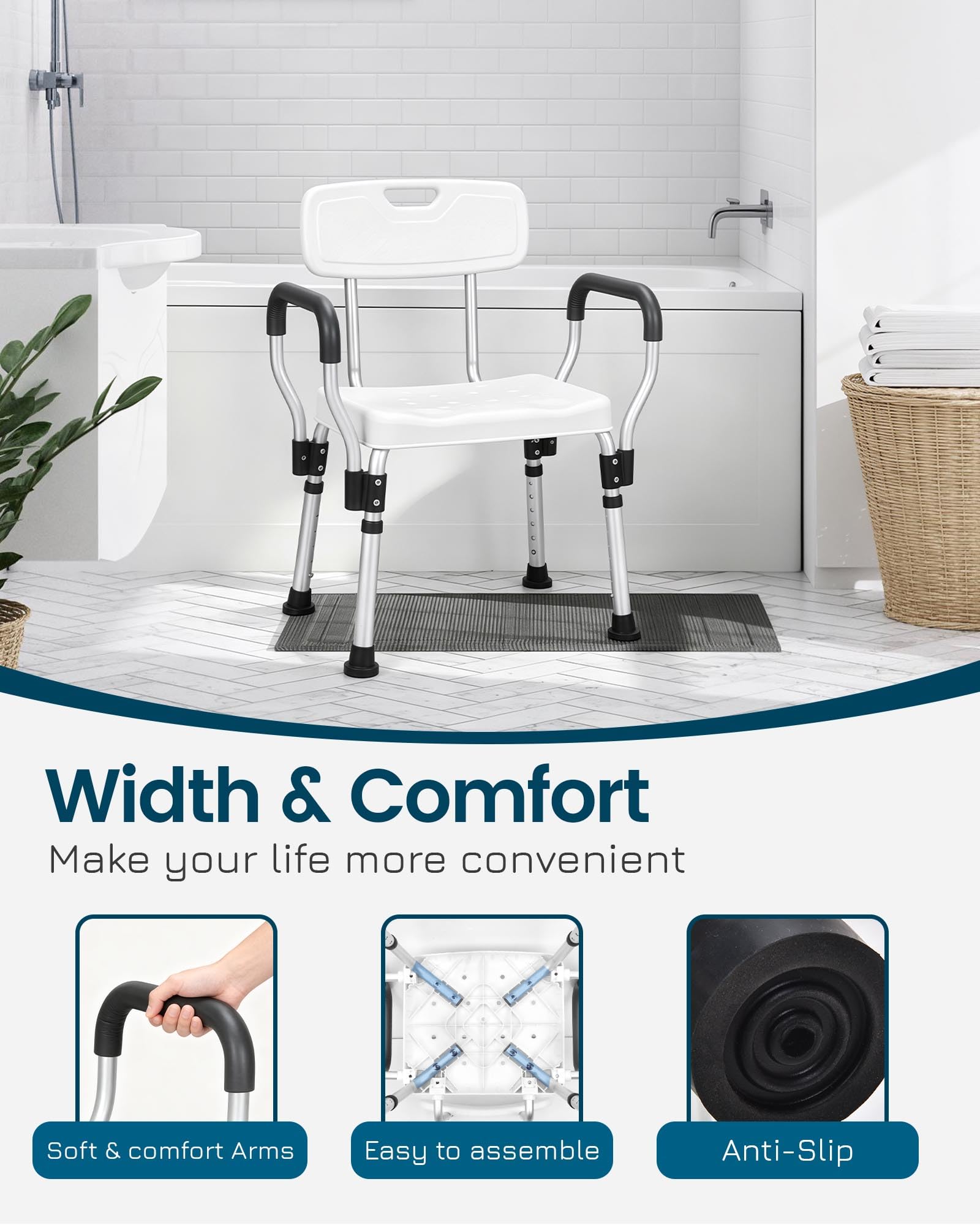 HDB-796C - Silla de ducha para ducha interior con respaldo, asiento de ducha resistente para bañera - Asiento de baño de seguridad de altura ajustable para ancianos discapacitados y