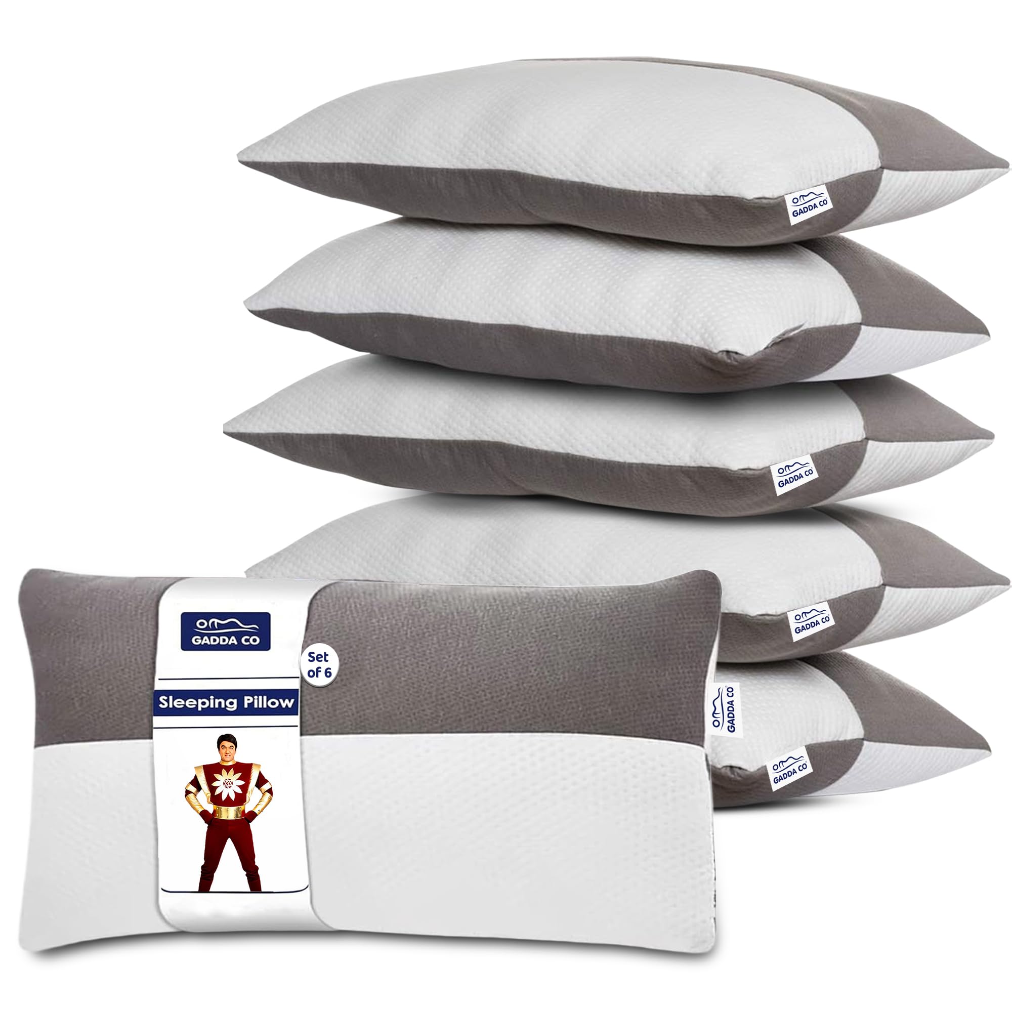 GADDA CO Hollow Fiber King Size Sleeping Pillows, Set of 6 -Soft & Fluffy, Height Adjustable, Microfiber Fill, Hotel-Like Comfort, Cloud-Like Sleep, Neck & Shoulder Support, 36 x 20 Inch, White & Grey