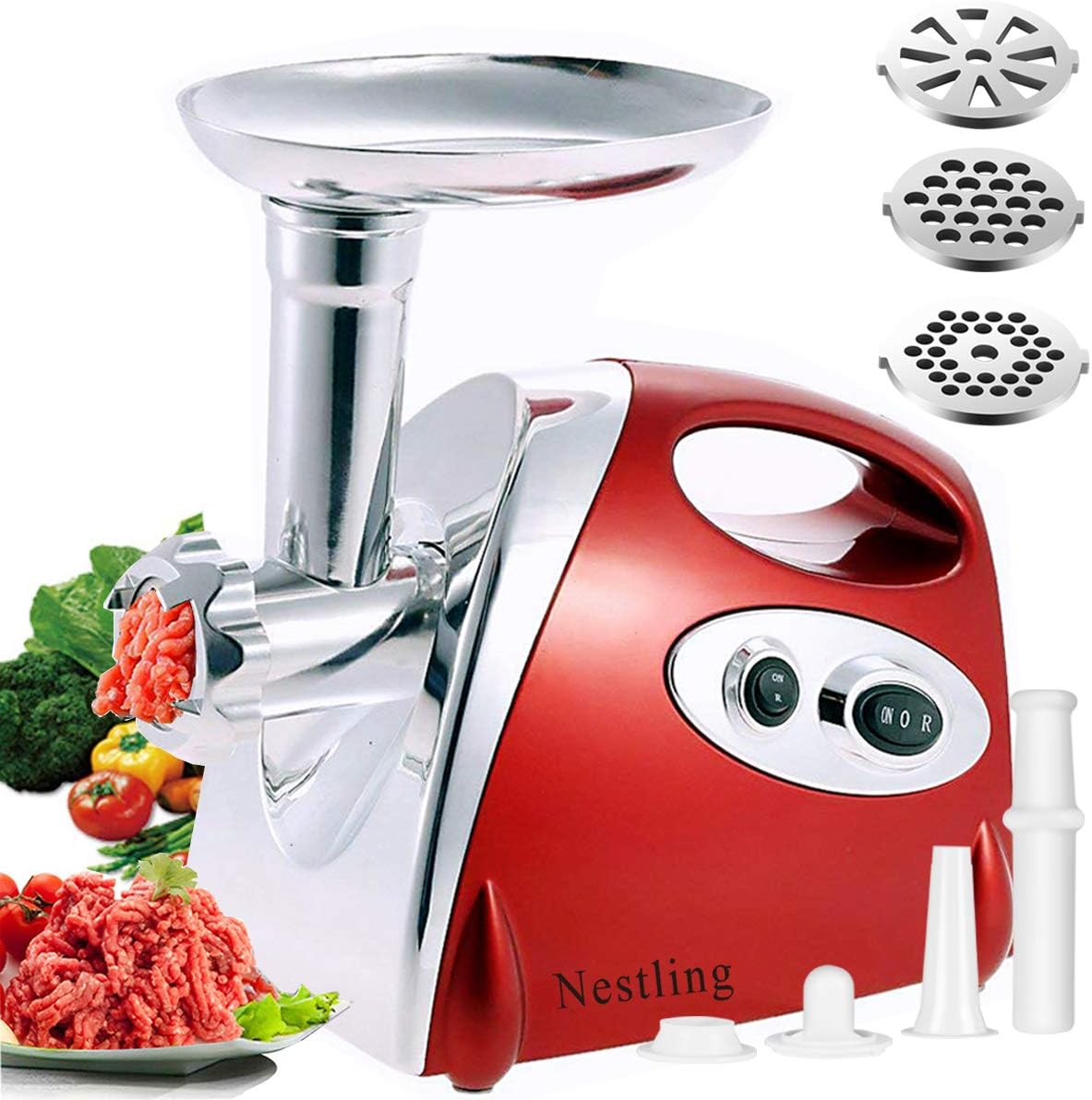 Electric Meat Grinder Mincer Sausage Maker Machine Kibbe Attachments 3 Stainless Steel Cutting Blades 2800 Watt Copper Motor Red