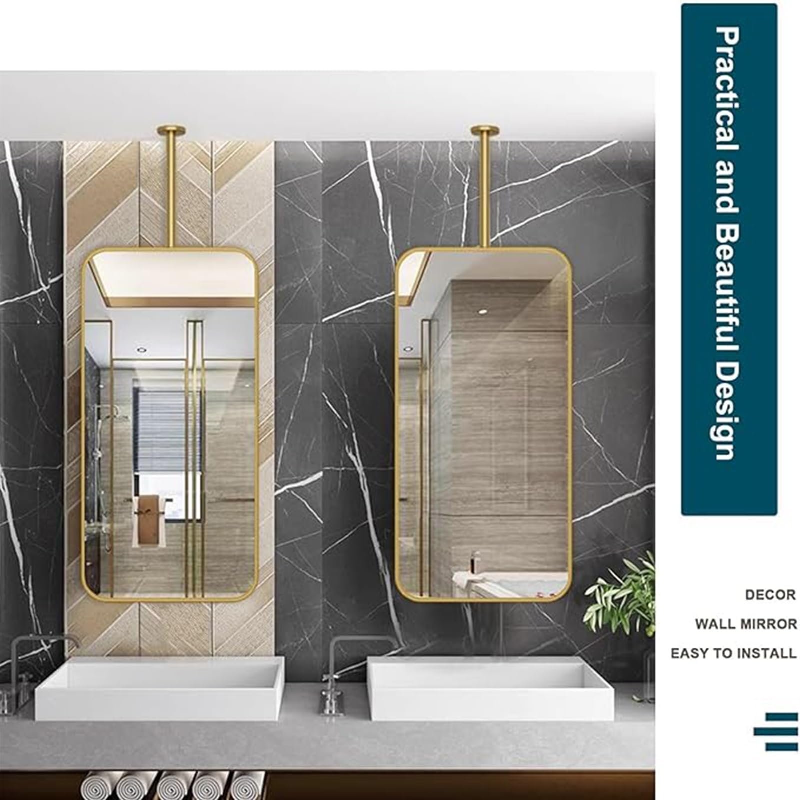Specchio sospeso a soffitto, specchio da bagno con cornice in metallo nero per parete, specchi quadrati da soffitto, specchi rettangolari da appendere per decorazione da parete