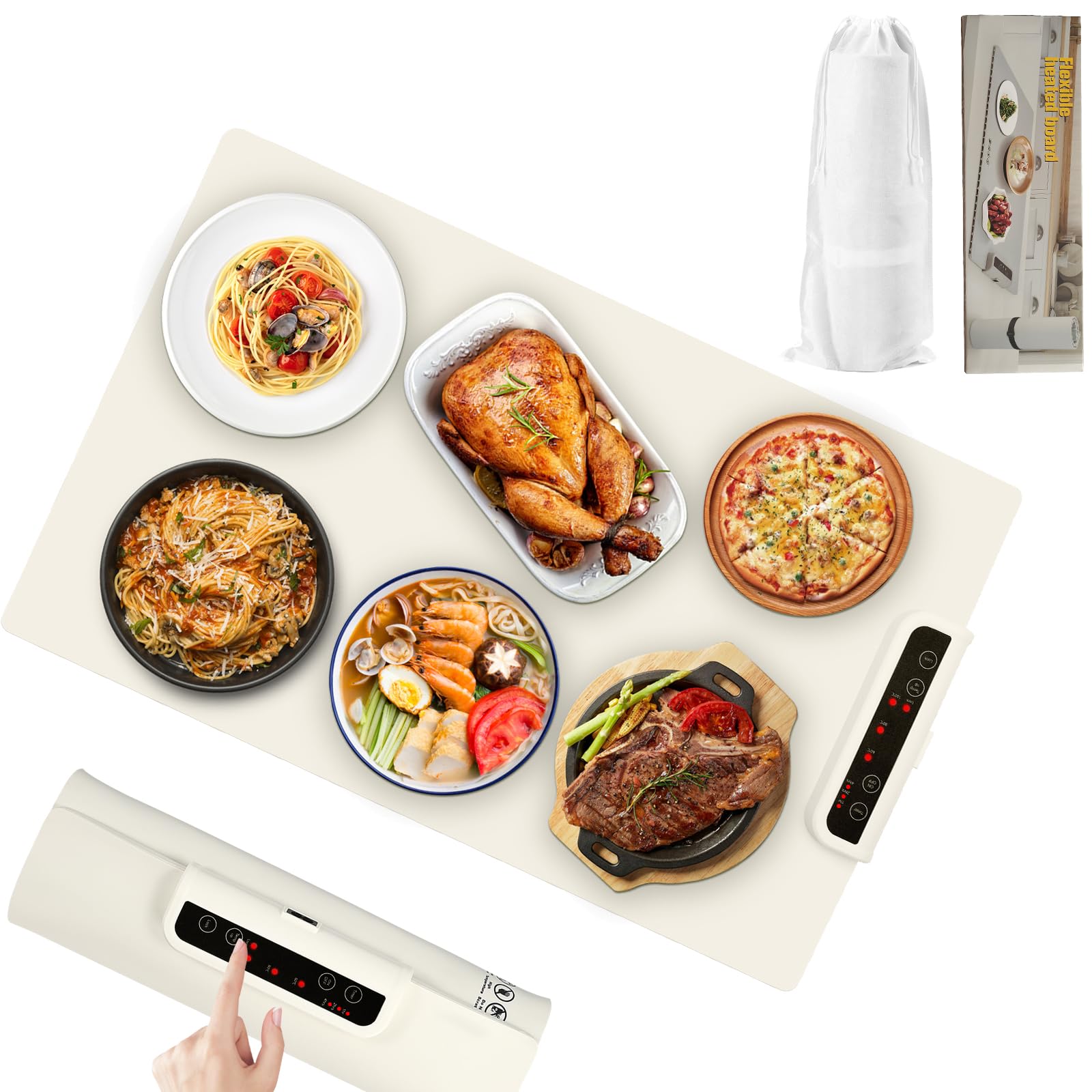 Chauffe Plat Électrique, Plaque Chauffante Pliable Flexible avec Température Réglable et Minuteur de 4 Heures Plaque Chauffante Electrique, Chauffe Assiette à Réchaud pour Buffets Fêtes (Blanc)