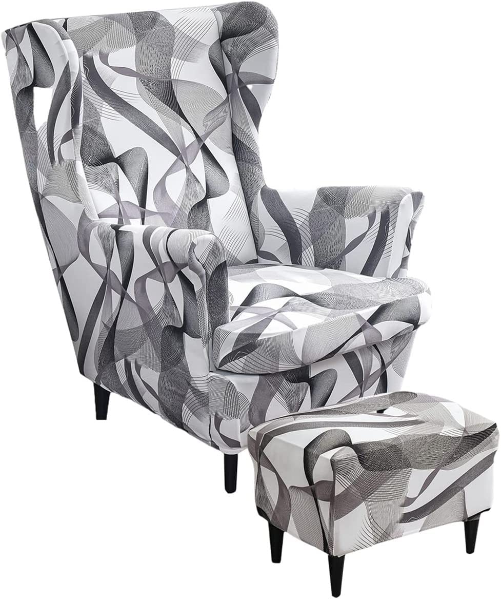 Aqigr #29 Stretch Wing Chair Cover Set, 2 Piece Wing Chair Slipcover With Ottoman Cover Wingback Chair Cover Jacquard Wingback Chair Slipcover Footstool Protector Covers For Dogs (Color : )