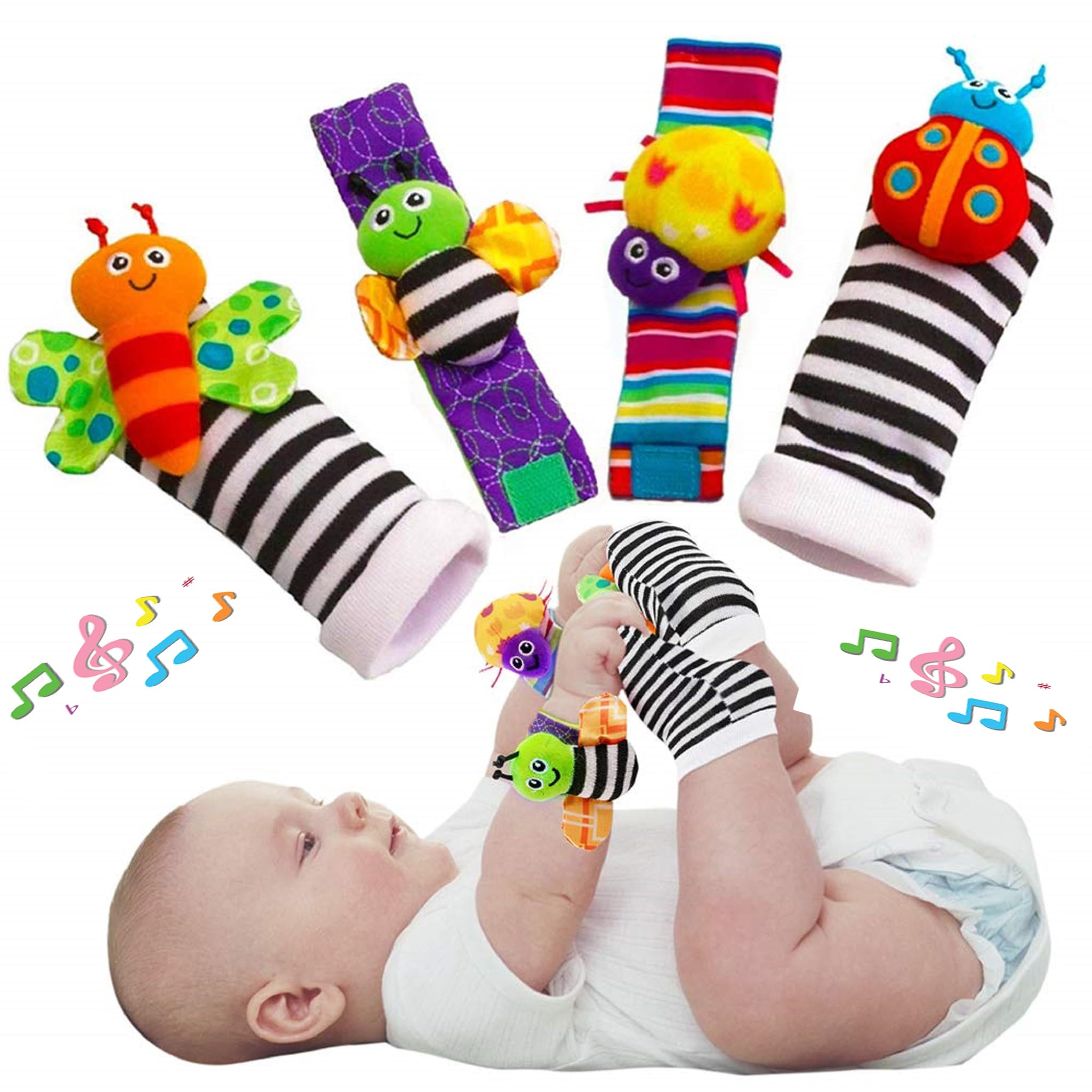 Baby Rattle Toys - Cotton Socks and Wrist Rattle for Newborns - Foot Rattle Essential Gift 0-3 3-6 0-6 6-12 Months (1 Pair Socks + 1 Pair Wrist)