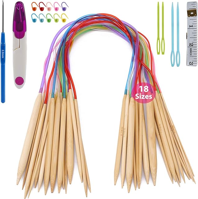 Bamboo Knitting Needles Set, ARPDJK 18 Pairs 2mm - 10mm Circular Double Pointed Knitting Needles Sets with Stitch Markers, Measuring Tape, Scissors etc Accessories, for Beginners and Professionals
