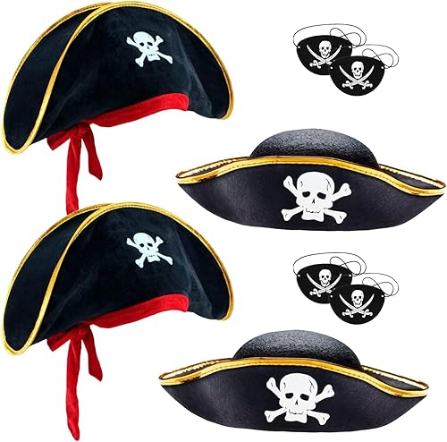 D-Fokes Paquete de 2 sombreros de pirata de fieltro para niños, sombrero de fiesta pirata de tres esquinas, disfraz de capitán pirata con estampado