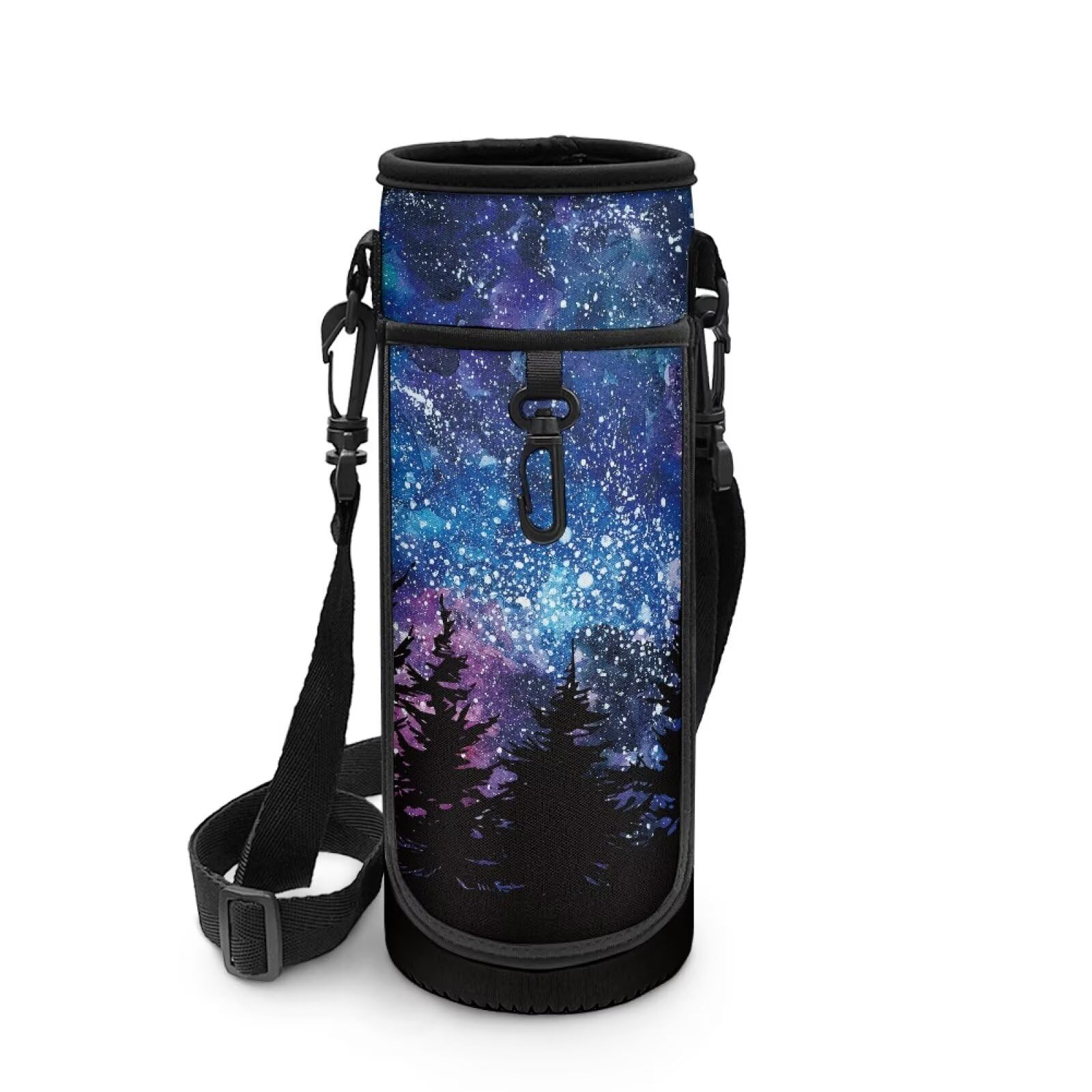 NETILGEN Forest Starry Night Portable Water Bottle Sleeve Pouch Bag with Adjustable Shoulder Strap and Pocket Hand-Free Walking Hiking Water Bottle Carrier Bag