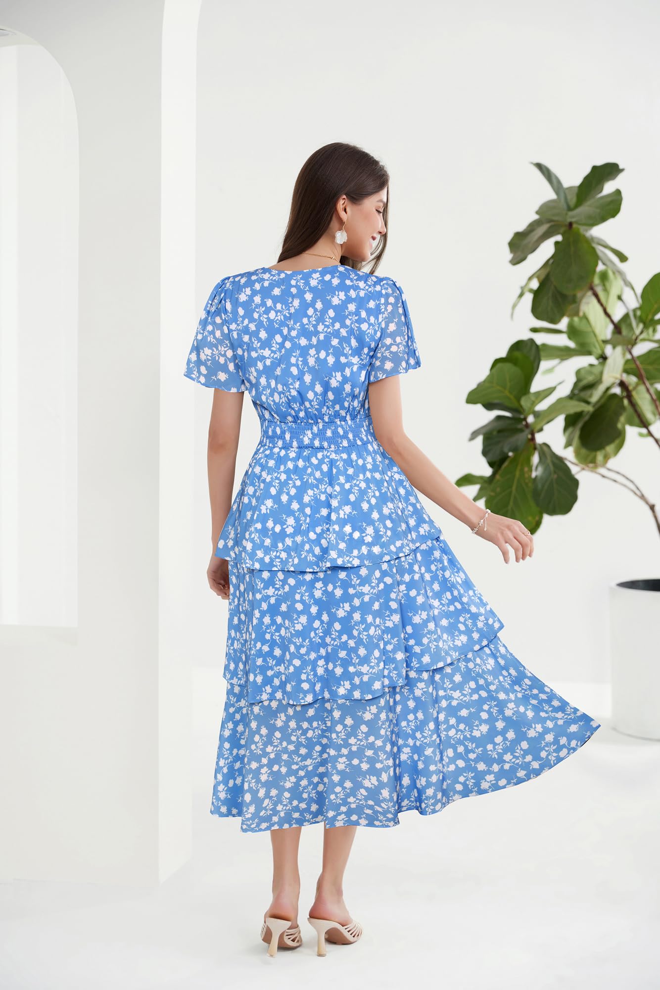 GRACE KARIN Vestido Midi para Mujer Manga Corta Cuello en V Cintura Elástica Línea A Acampanado