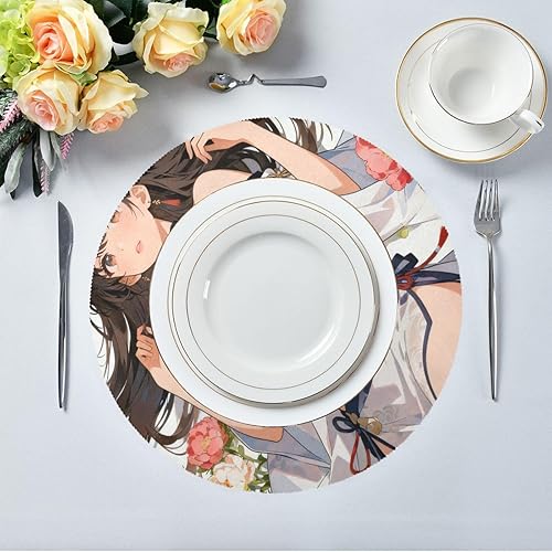 Miniatura 5 de Manteles individuales de arpillera redondos de anime japonés de belleza para niña de 15 x 15 pulgadas, individuales para mesa de comedor redondas