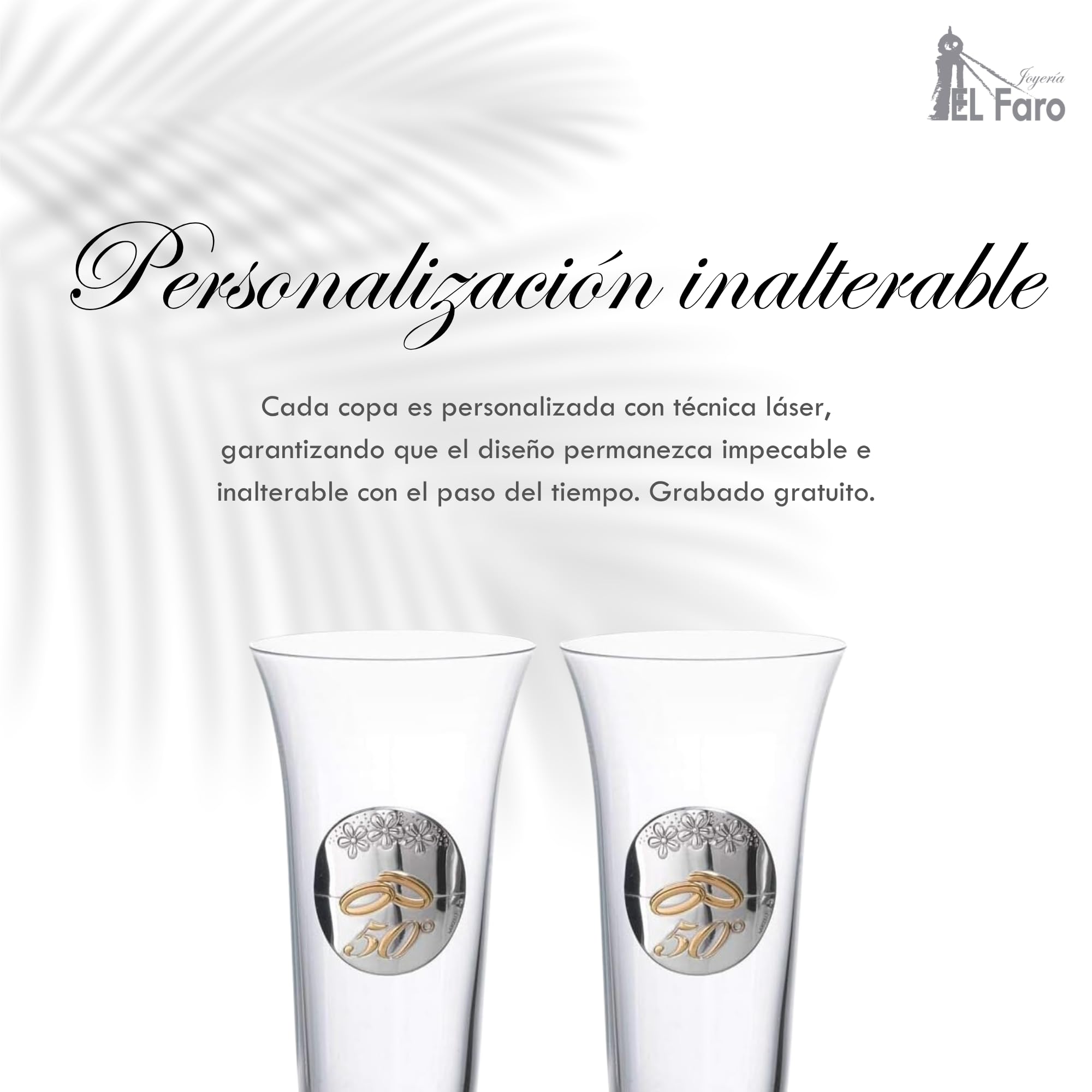 JOYERIA EL FARO Copas Bodas de Oro Personalizadas – Juego de 2 Copas de Champán/Cava Grabadas con Nombres y Fecha – Regalo 50 Aniversario de Casados para Pareja