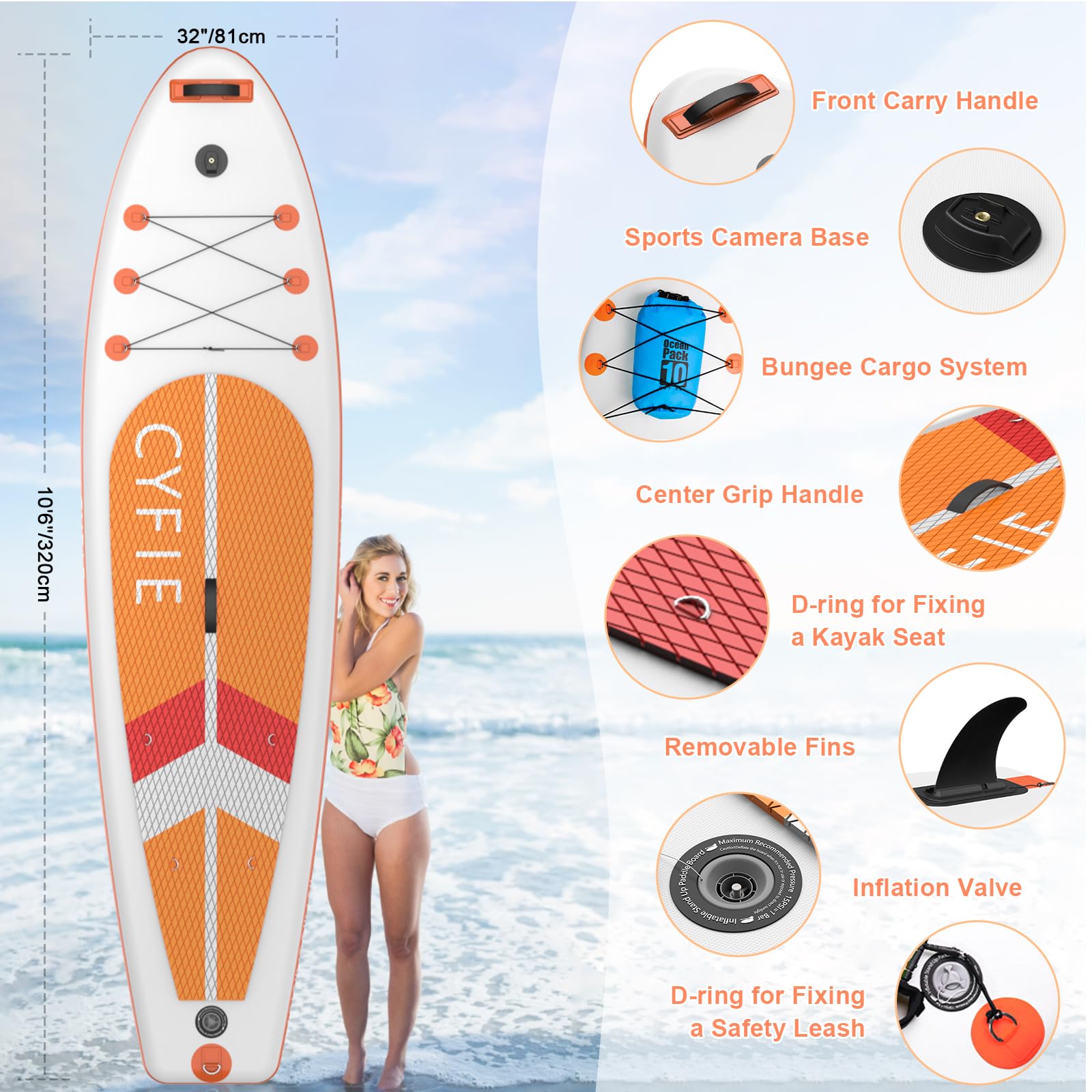 CYFIE Tabla de surf de remo de pie, accesorios completos, tabla de SUP inflable con asiento de kayak y remo de doble uso, tabla de paddle surf para adultos, remo de pie de 320 cm, capacidad de carga