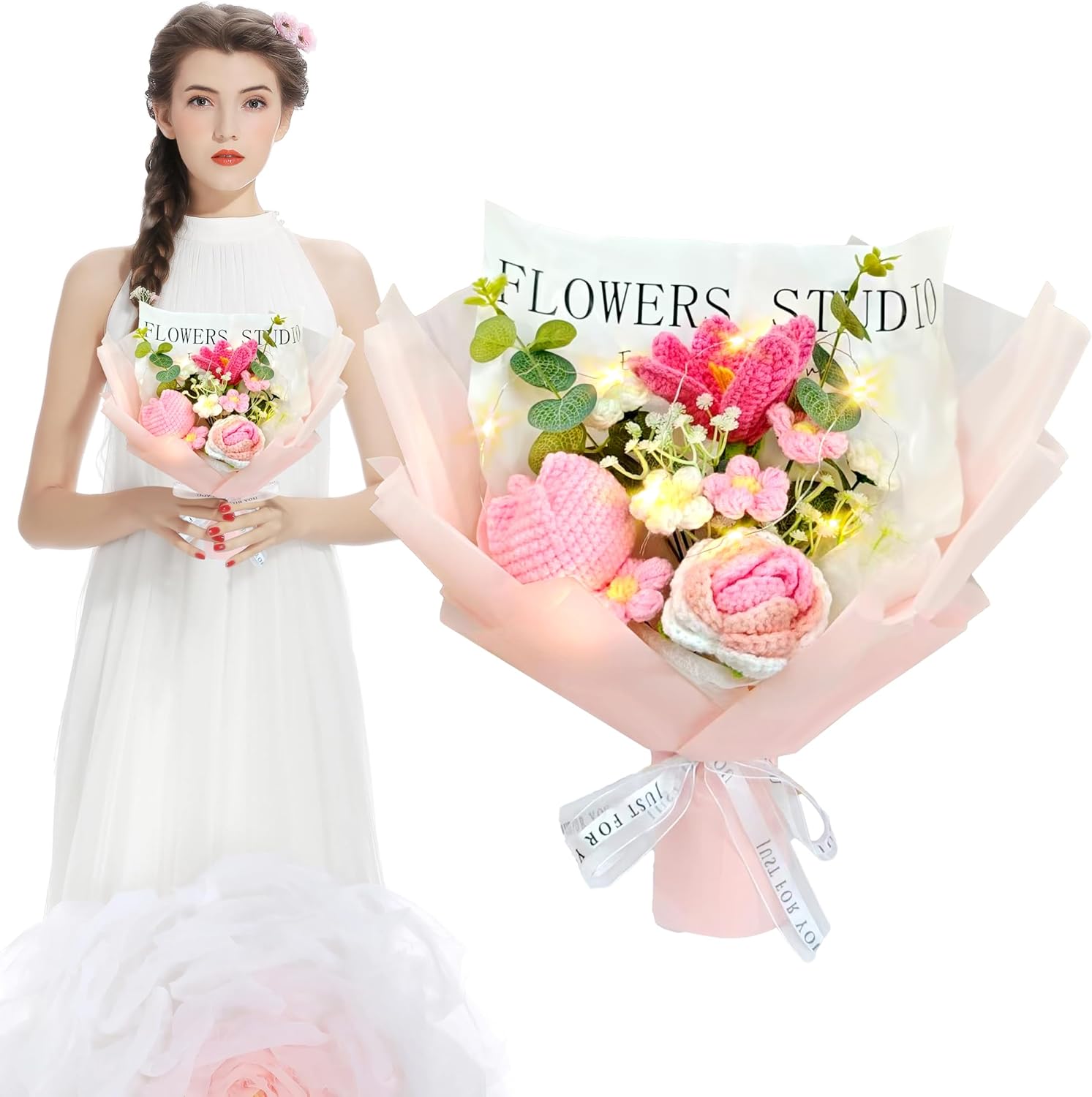 Crochet Flower Bouquet Valentine's Day Pink Crochet Flowers Bouquet, Pink Rose Tulip Handmade Knitted Flowers for Wedding, Birthday, Anniversary, Gift for Women - Image 3