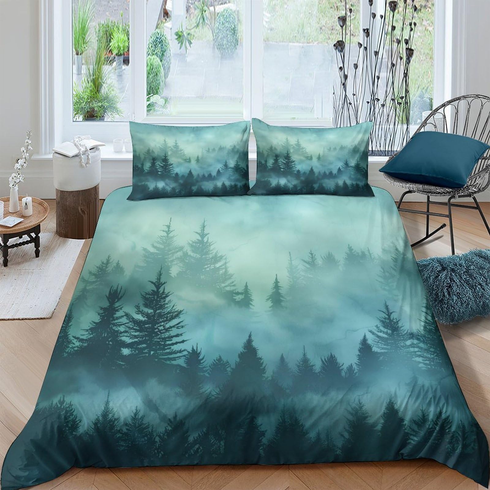 Ctjqhvkz Style-6 3D Printed Misty Pine Forest Fitted Sheet Microfiber Soft Green Woodland Mattress Cover For Bedroom Dorm Decor Single（135X200cm）