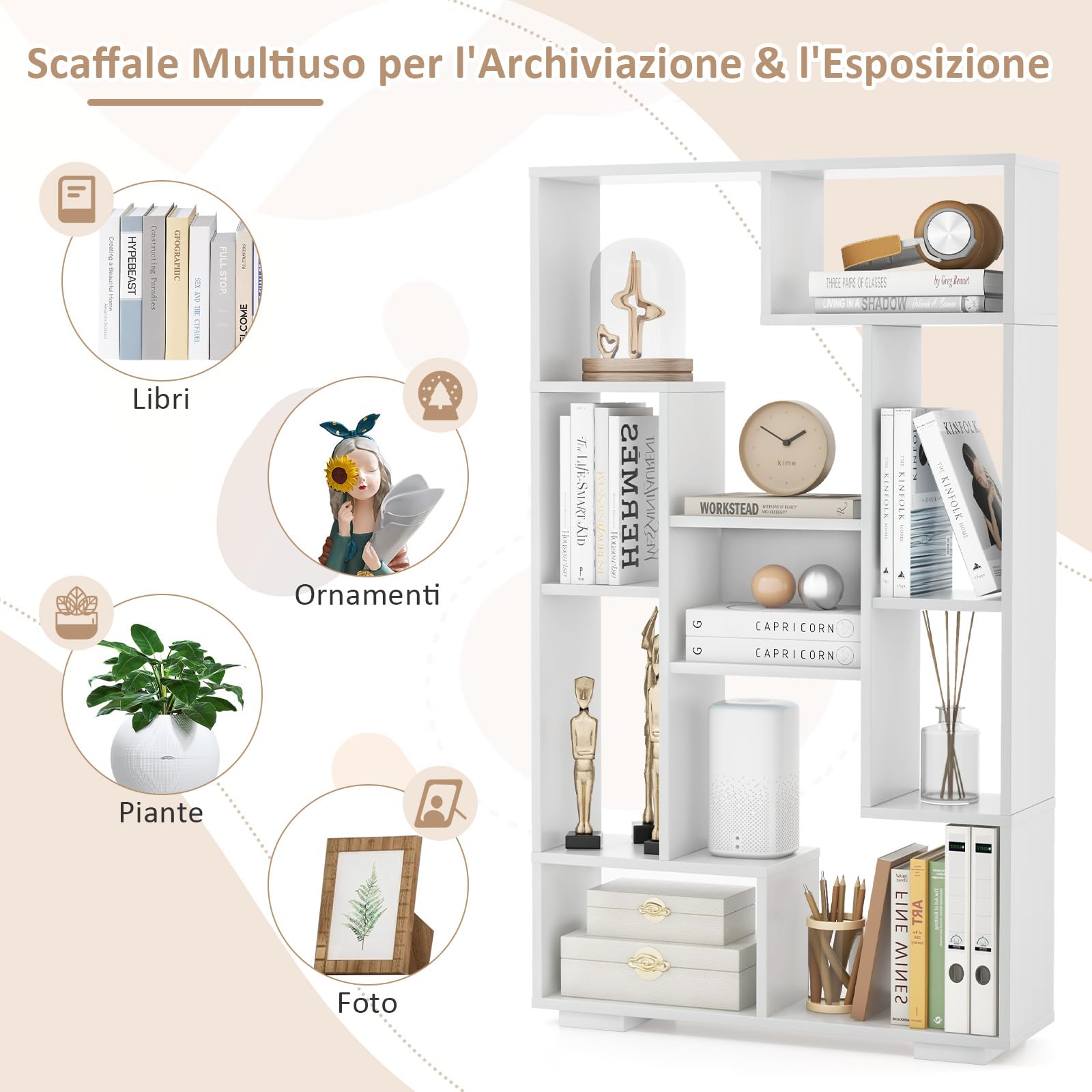 COSTWAY Libreria Geometrica 120 cm, Scaffale per Libri con Ripiani Aperti, Scaffale da Esposizione Moderno con Kit Anti-ribaltamento, Ideale per Casa Ufficio o Soggiorno (Bianco)
