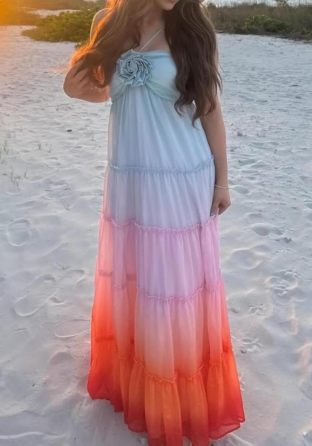 Vaceky Vacation Maxi Dress Women 3D Flower Tiered Long Babydoll Dresses