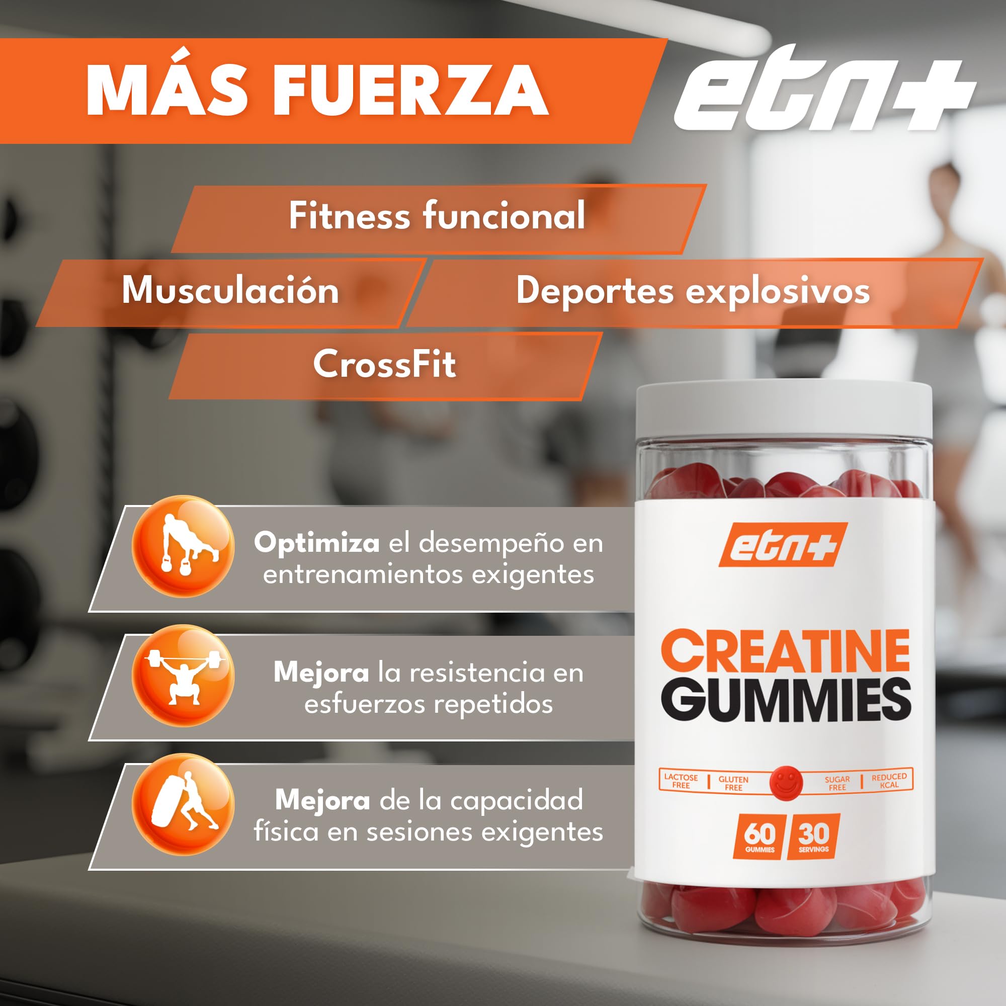 ETN+ Gominolas de Creatina Monohidratada 3000mg | 60 Gummies – 30 Servicios (para 1 mes) | Sin Azúcar, Sin Gluten | Alternativa Cómoda a la Creatina en Polvo | Ingredientes de Origen Natural | Fresa — view 4